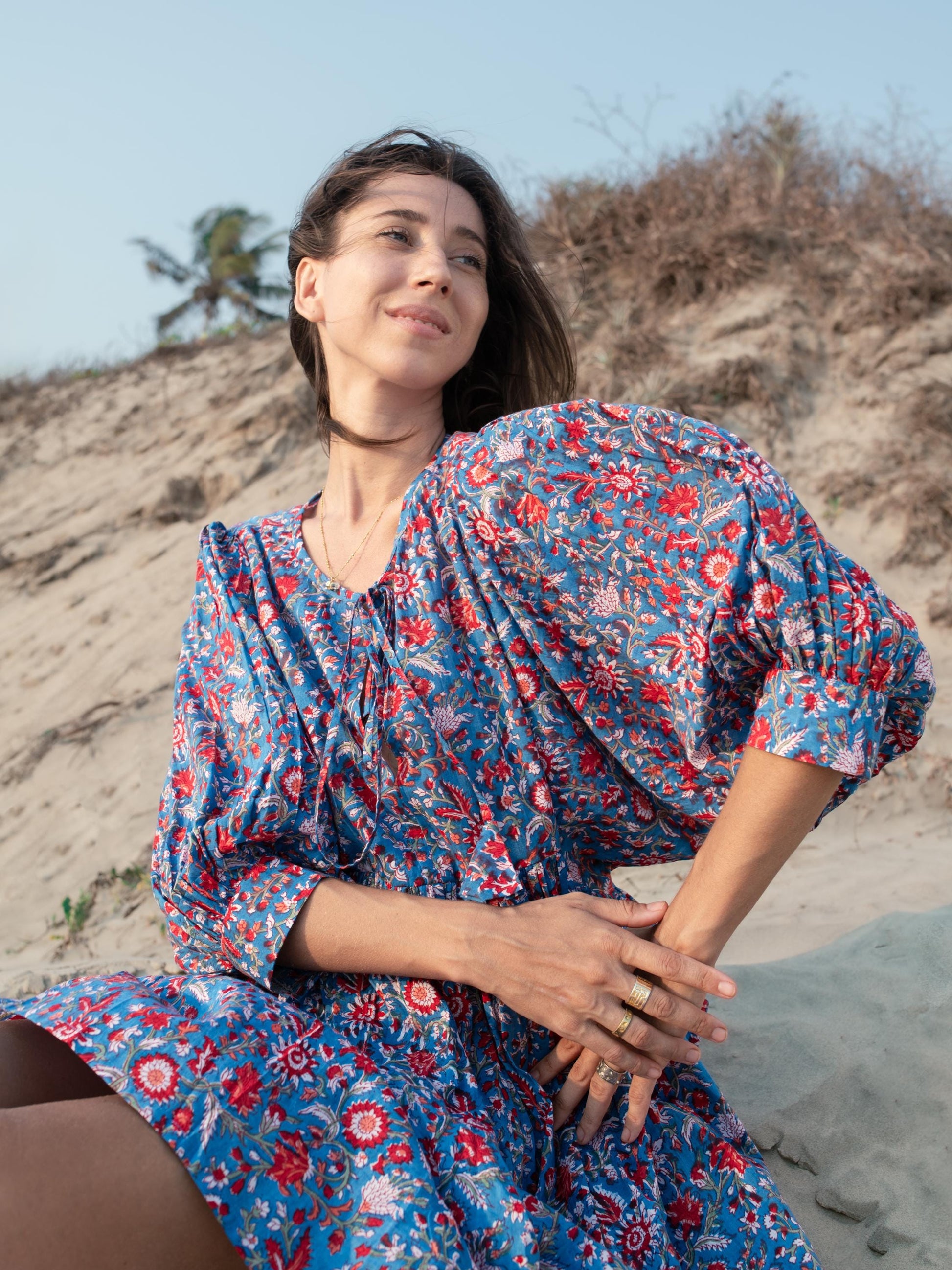 Blue Floral Hand Block Print Mini Dress | Boho Short Cotton Dress | Summer Beach Dresses | Indian Print Custom Resort Dress Gift For Wife