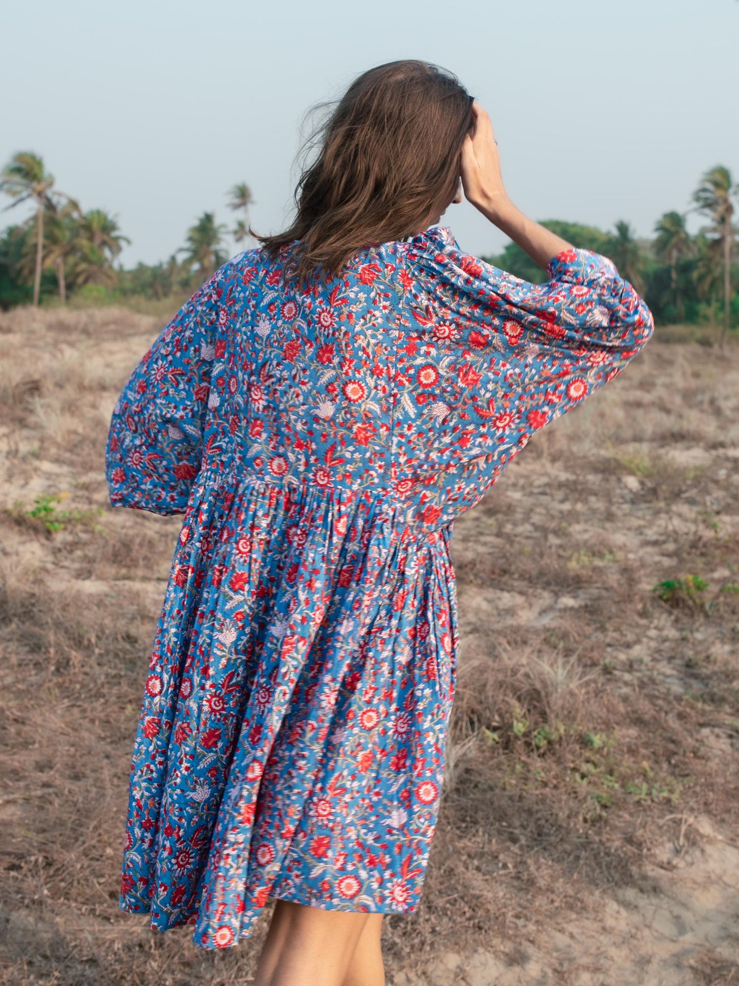 Blue Floral Hand Block Print Mini Dress | Boho Short Cotton Dress | Summer Beach Dresses | Indian Print Custom Resort Dress Gift For Wife