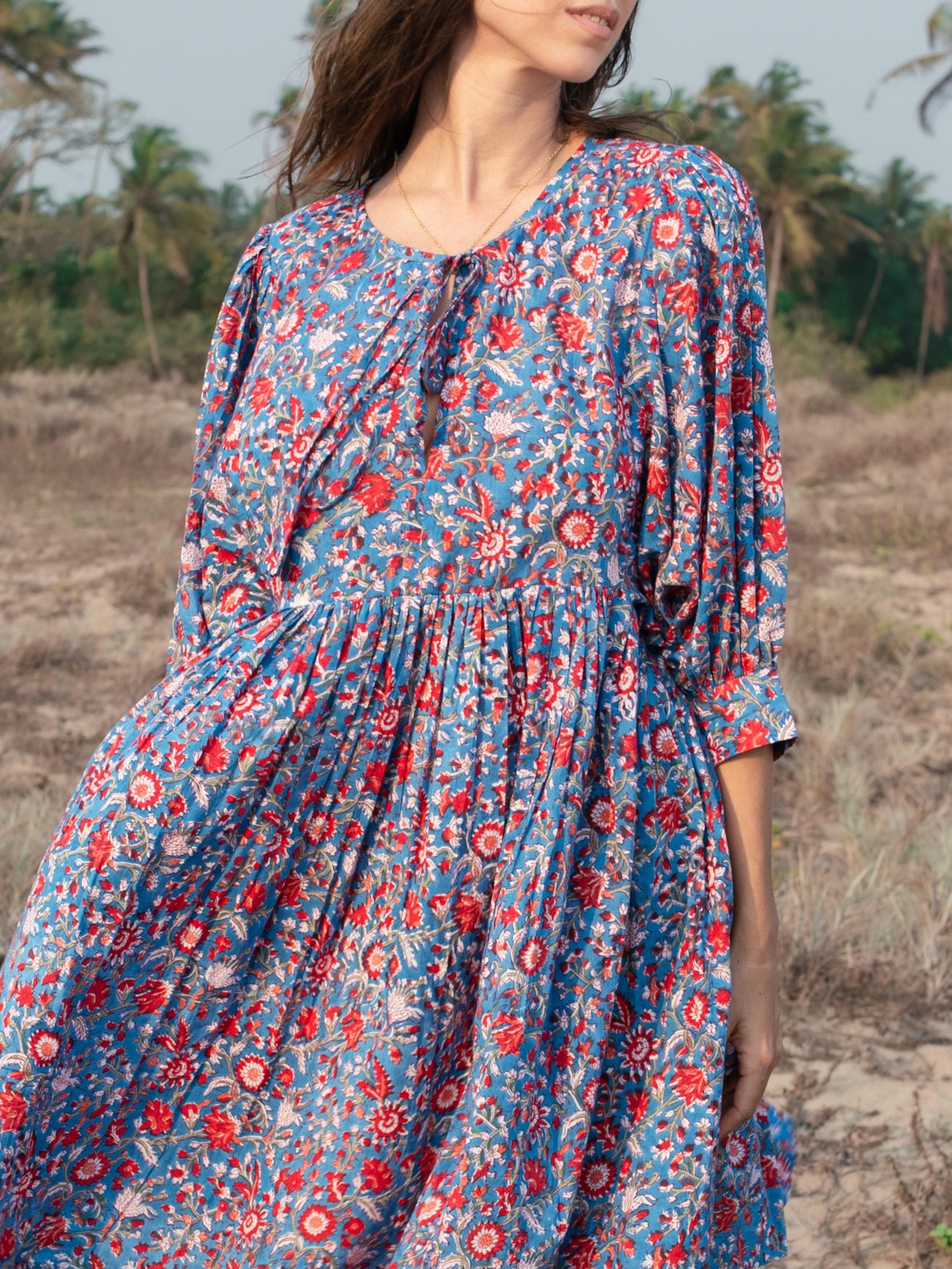 Blue Floral Hand Block Print Mini Dress | Boho Short Cotton Dress | Summer Beach Dresses | Indian Print Custom Resort Dress Gift For Wife