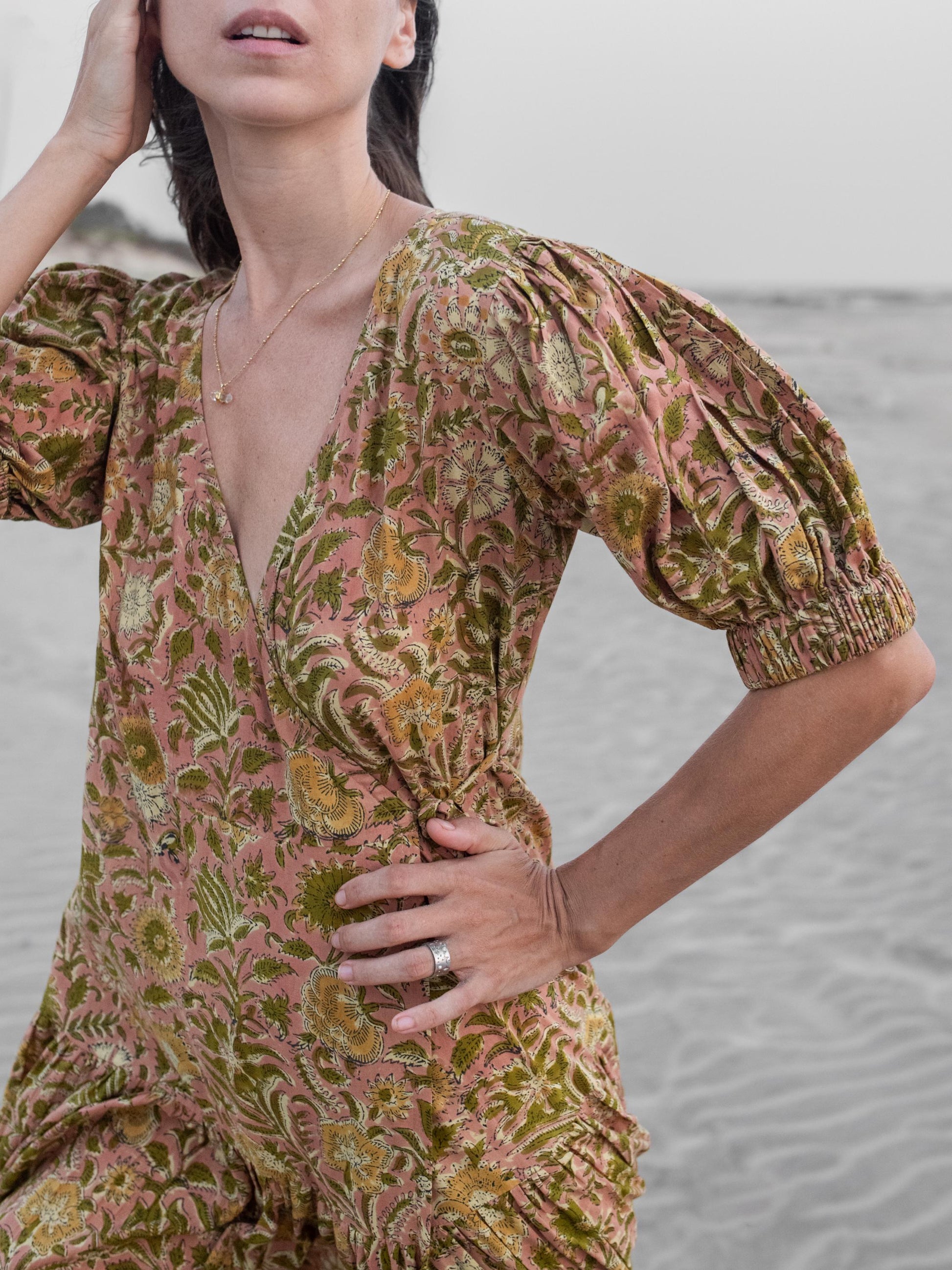 Block Print Maxi Warp Dress, Indian Cotton Long Dress, Tiered Midi Custom Comfy Dress, Boho Puff Sleeve Dress, Honeymoon Beach Wedding Dress