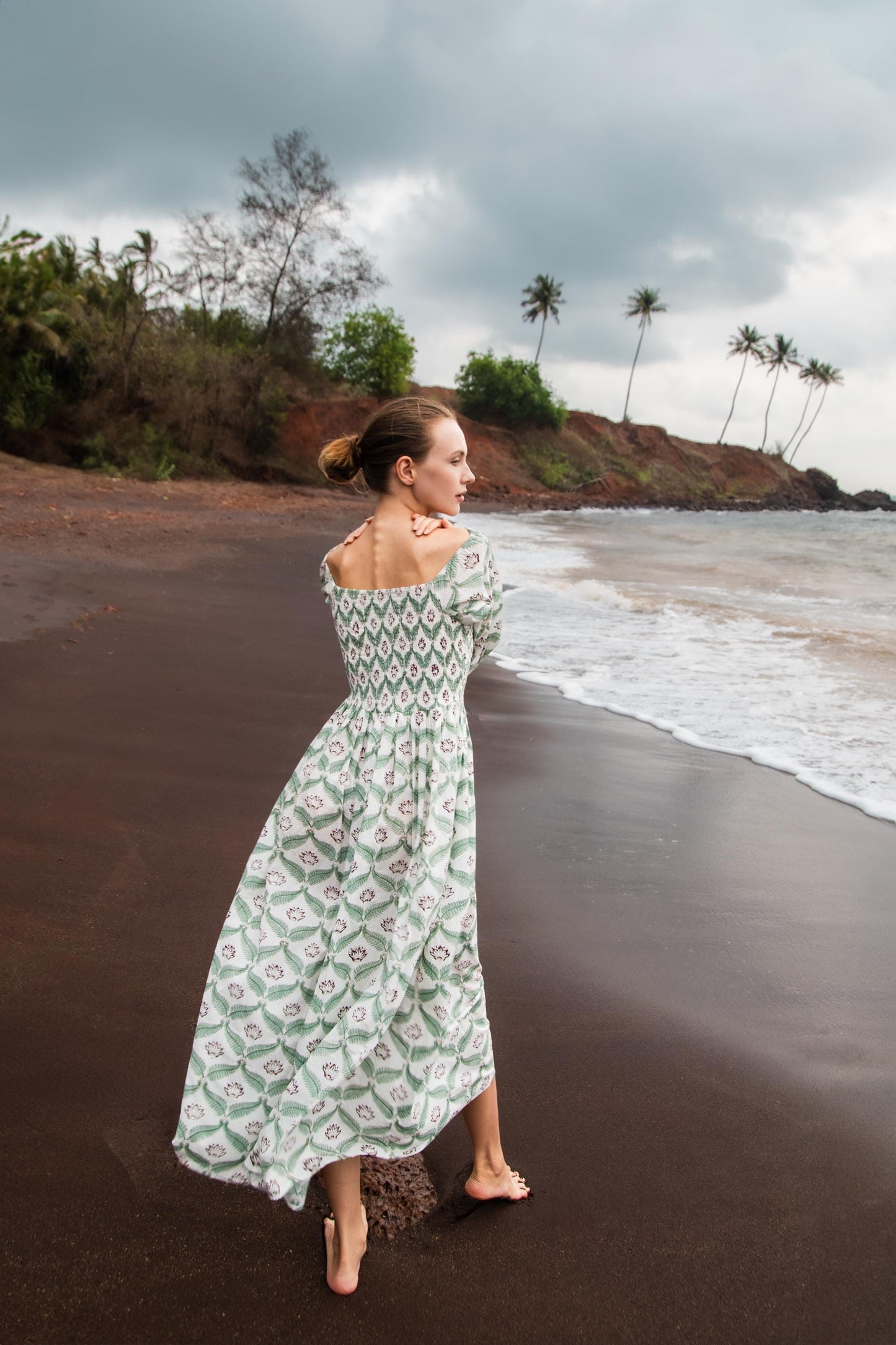 Hand Block Print Off Shoulder Dress, Floral Maxi Dress, Summer Indian Dress, Bohemian Gypsy Dress, Beach Wedding Dress, Long Sleeve Dress