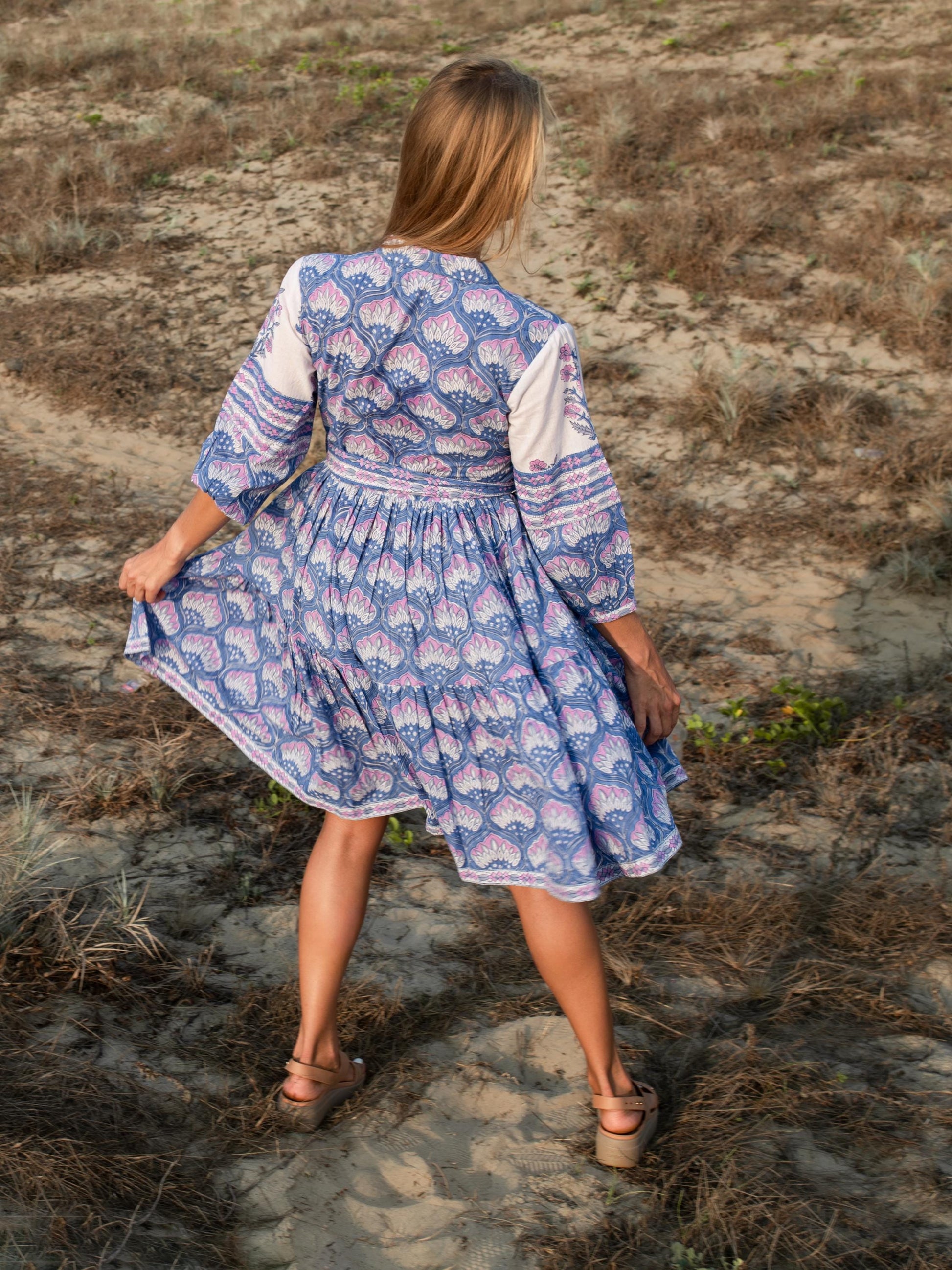 Purple Floral Hand Block Print Mini Dress | Boho Short Belt Cotton Dress | Summer Beach Dresses | Indian Print Custom Dress Gift For Wife