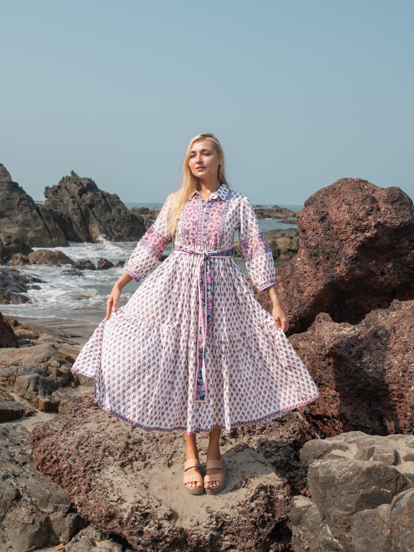 Floral Hand Block Print Maxi Dress | Boho Long Belt Cotton Dress | Summer Beach Dresses | Indian Print Modern Custom Dress Gift For Mother