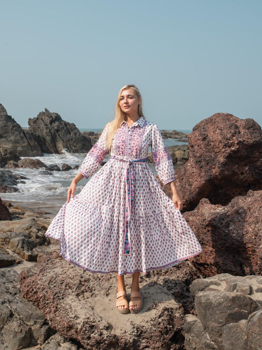 Floral Hand Block Print Maxi Dress | Boho Long Belt Cotton Dress | Summer Beach Dresses | Indian Print Modern Custom Dress Gift For Mother