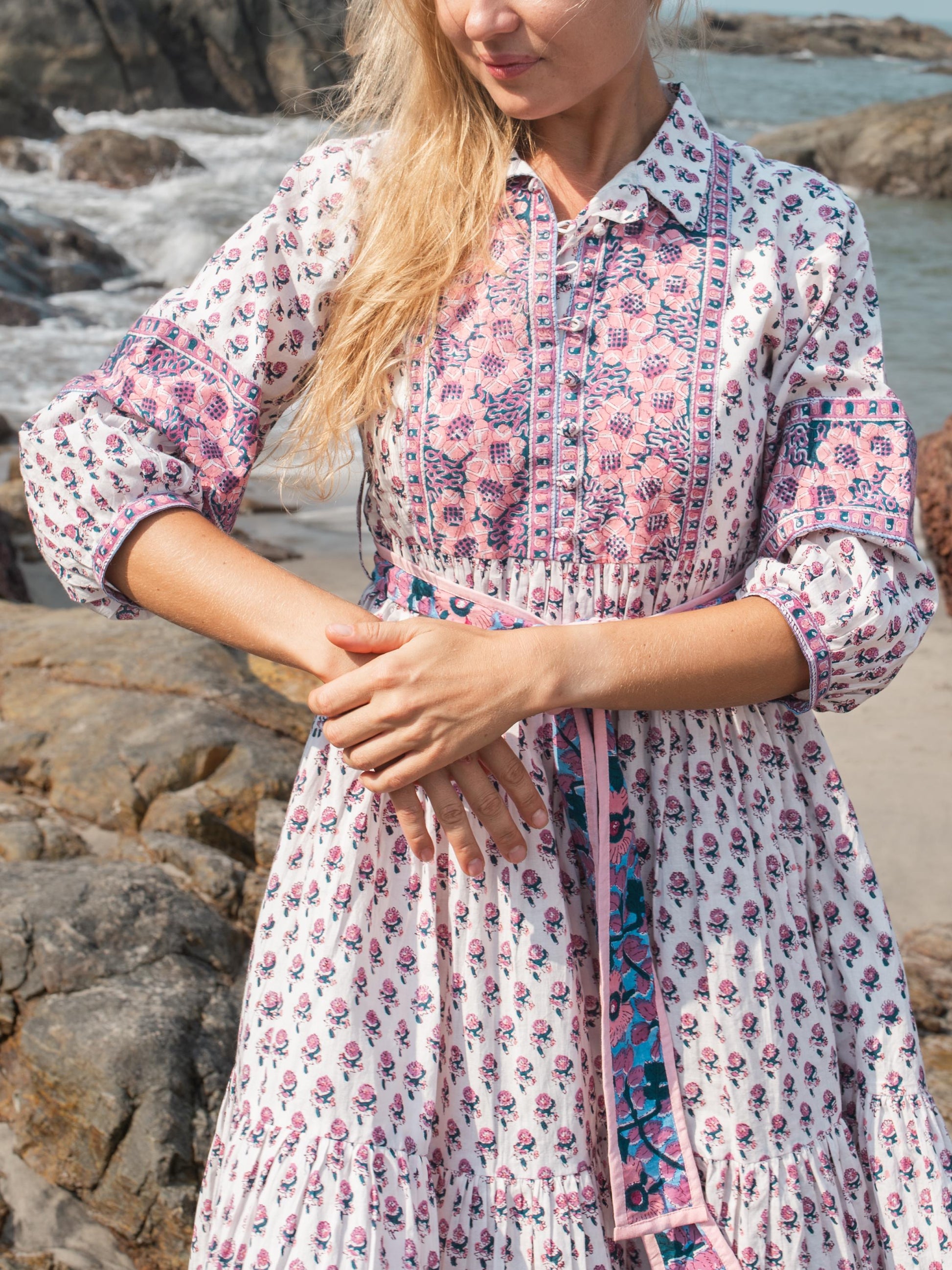 Floral Hand Block Print Maxi Dress | Boho Long Belt Cotton Dress | Summer Beach Dresses | Indian Print Modern Custom Dress Gift For Mother