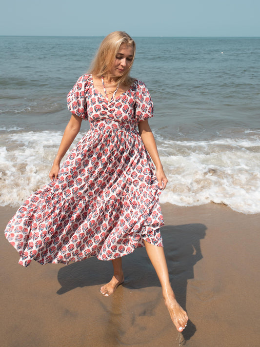 Floral Hand Block Print Halter Maxi Dress | Bohemian Cotton Dress | Summer Dresses for Women | Indian Maxi Beach Custom Dress Gift For Mum