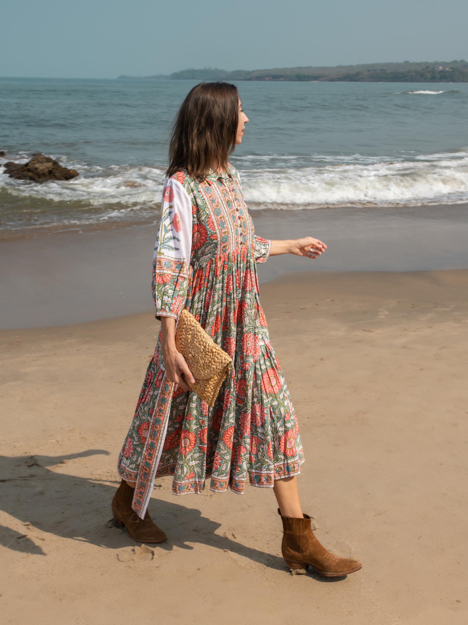Floral Hand Block Print Maxi Dress | Boho Long Belt Cotton Dress | Summer Beach Midi Dresses | Bohemian Shirt Dress | Vacation Holiday Dress