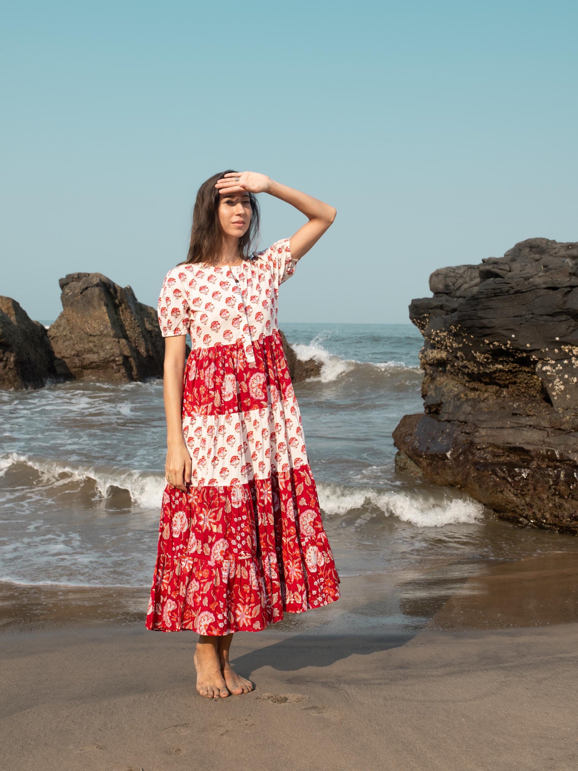 Red White Block Print dress, Casual Button Up dress, Floral Boho Beach Wedding Dress, Bohemian Long Maxi Pregnancy Maternity Button Up Dress