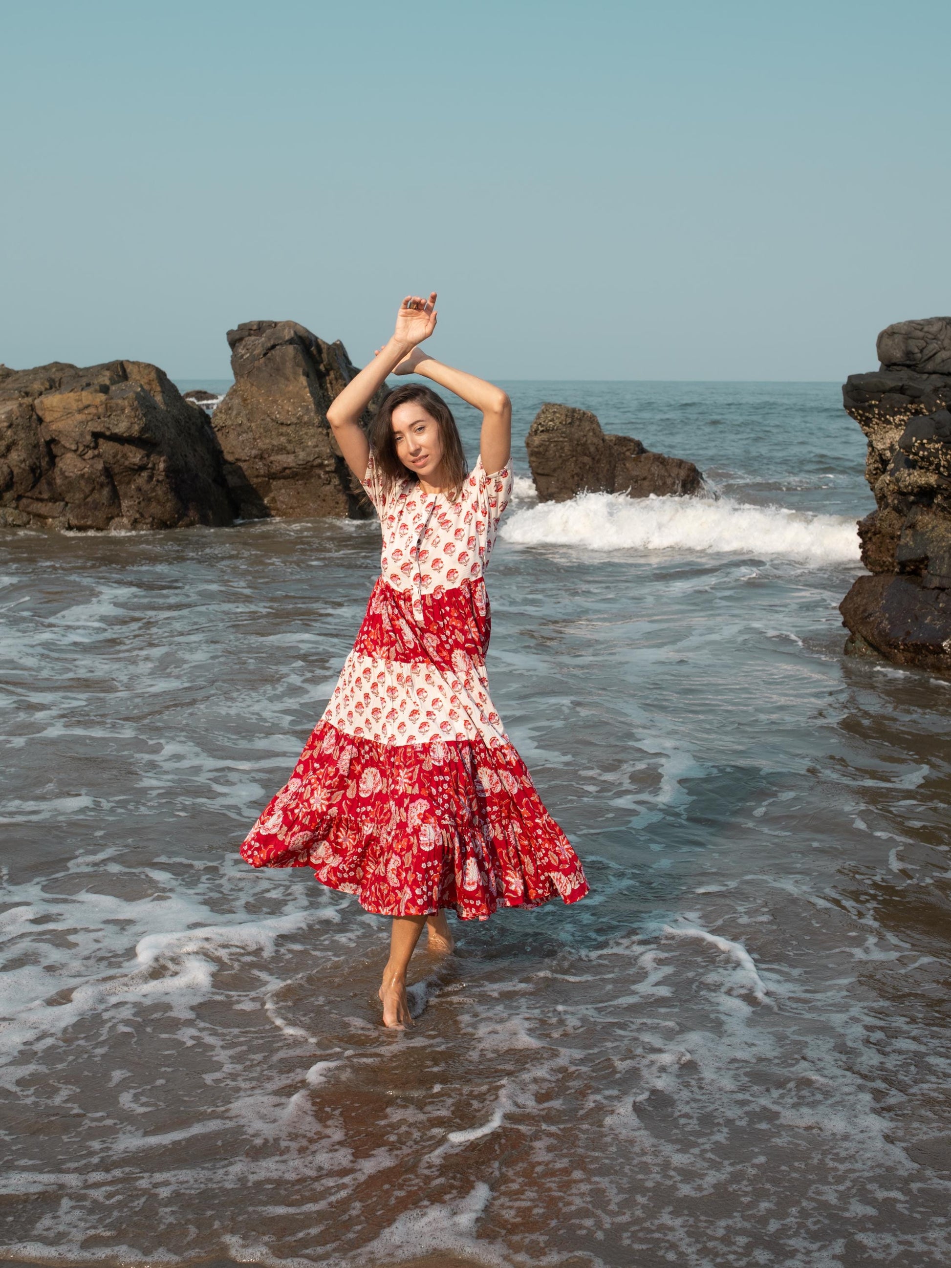 Red White Block Print dress, Casual Button Up dress, Floral Boho Beach Wedding Dress, Bohemian Long Maxi Pregnancy Maternity Button Up Dress