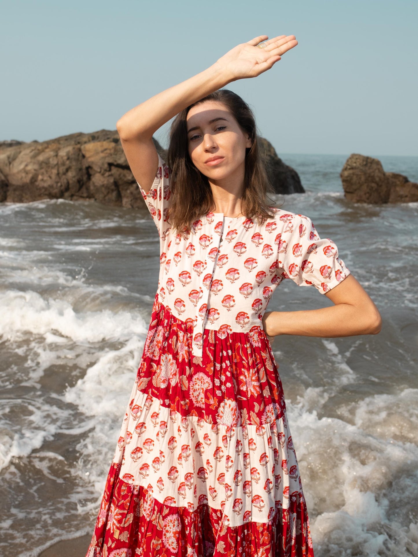 Red White Block Print dress, Casual Button Up dress, Floral Boho Beach Wedding Dress, Bohemian Long Maxi Pregnancy Maternity Button Up Dress