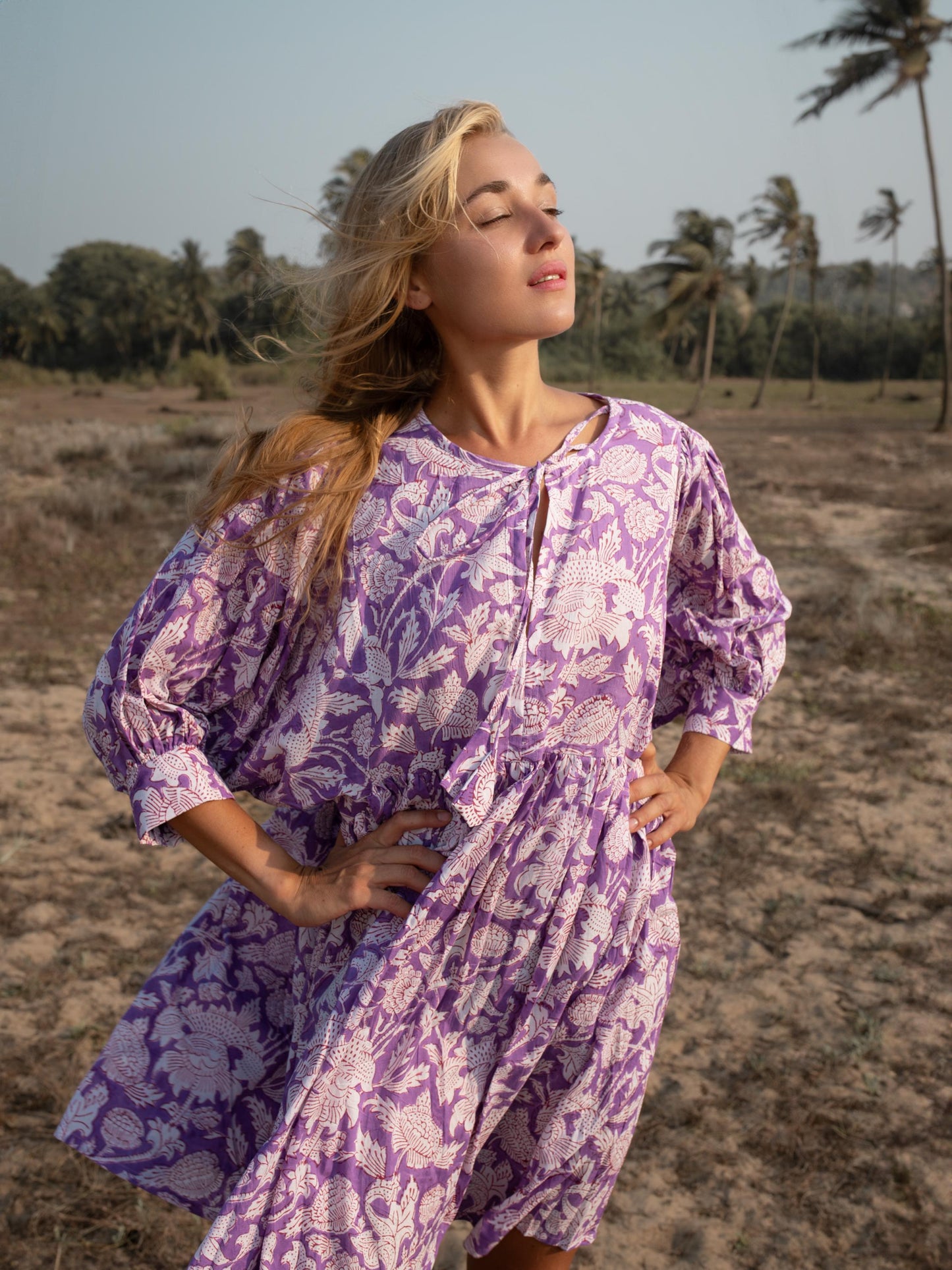 Purple Floral Hand Block Print Mini Dress | Boho Short Cotton Dress | Summer Beach Dresses | Indian Print Custom Resort Romance Dress