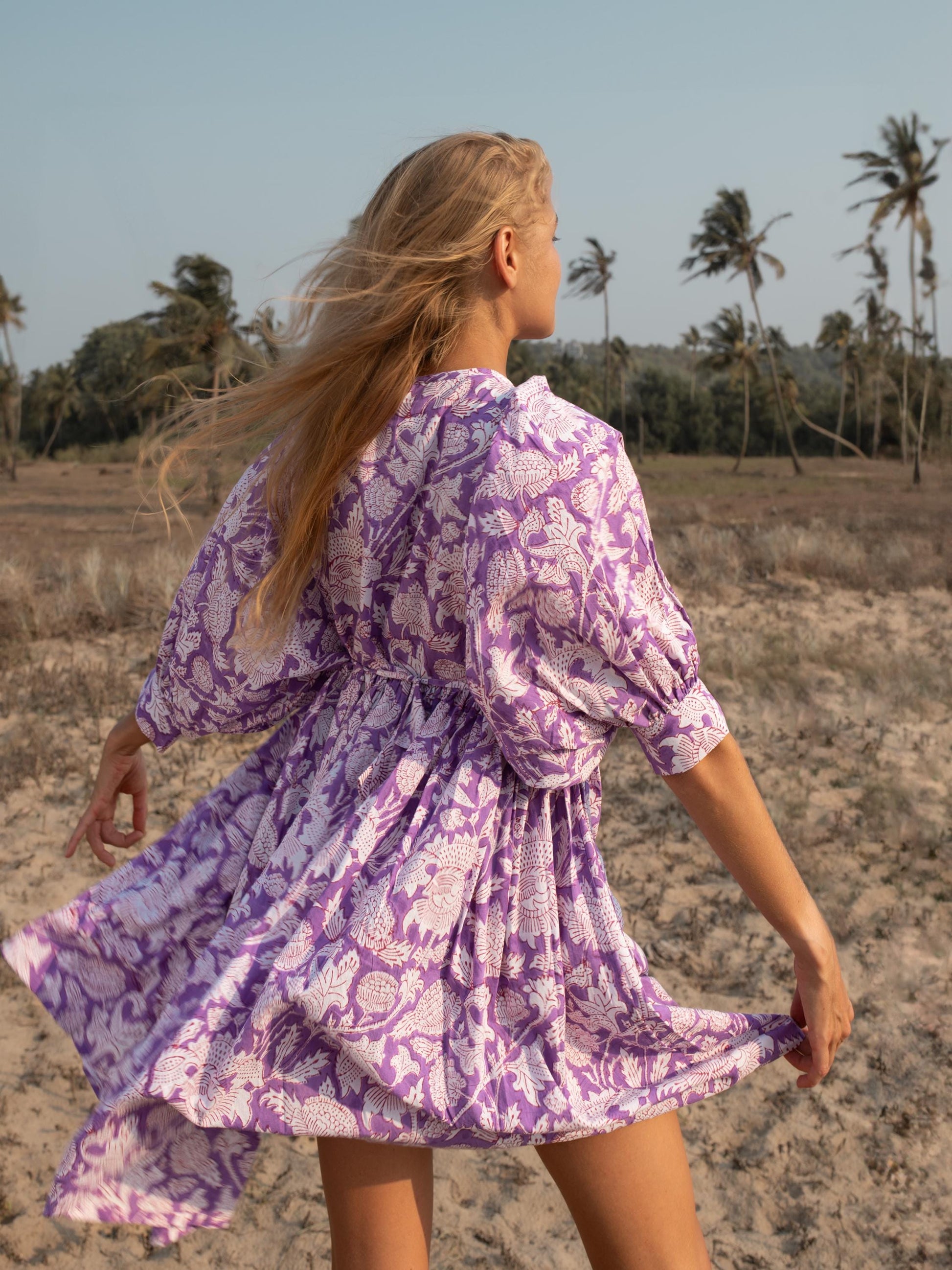 Purple Floral Hand Block Print Mini Dress | Boho Short Cotton Dress | Summer Beach Dresses | Indian Print Custom Resort Romance Dress