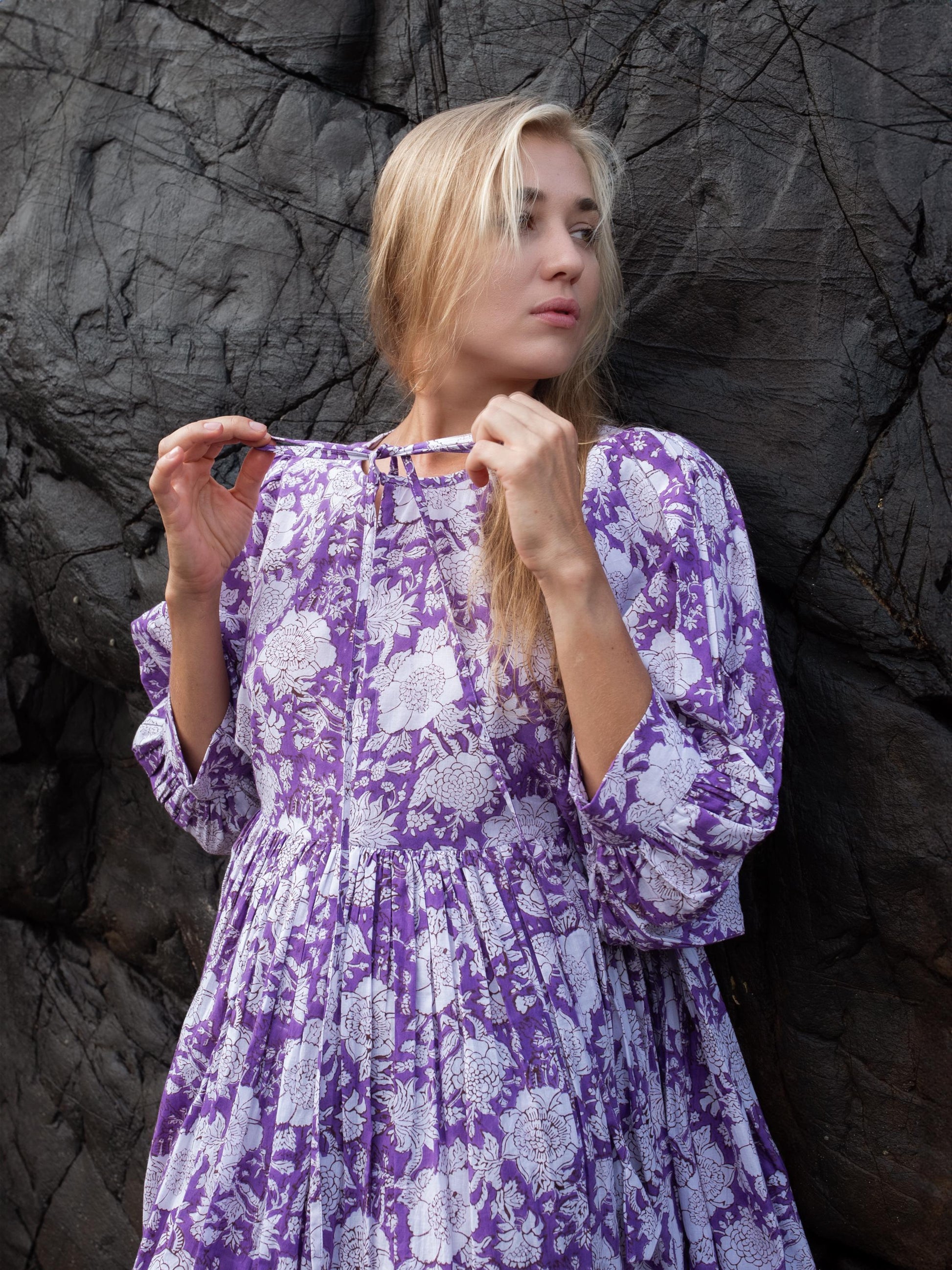Purple Lilac Floral Hand Block Print Kyra Maxi Dress | Bohemian Cotton Dress | Summer Dresses for Women | String Closer Custom Boho Dress