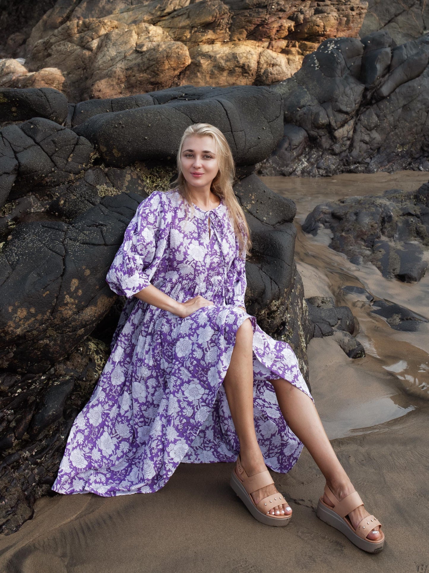 Purple Lilac Floral Hand Block Print Kyra Maxi Dress | Bohemian Cotton Dress | Summer Dresses for Women | String Closer Custom Boho Dress