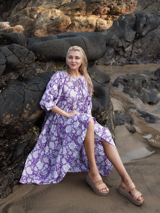 Purple Lilac Floral Hand Block Print Kyra Maxi Dress | Bohemian Cotton Dress | Summer Dresses for Women | String Closer Custom Boho Dress