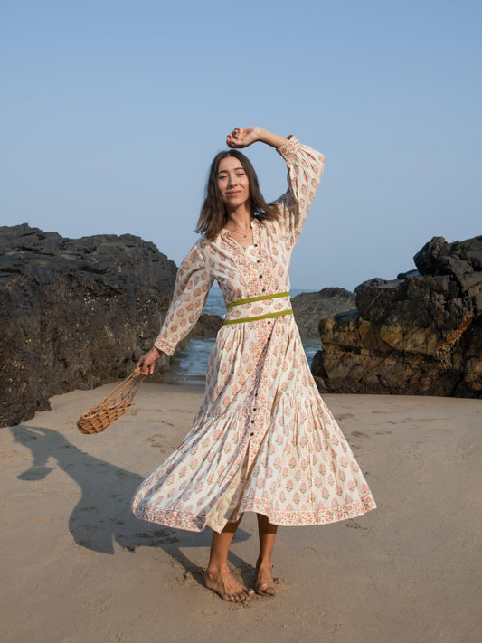 Hand Block Printed Summer Holiday Festive Dress Floral Organic Cotton Ethical Sustainable Bohemian Sundress Women Long Maxi Dress Plus Size