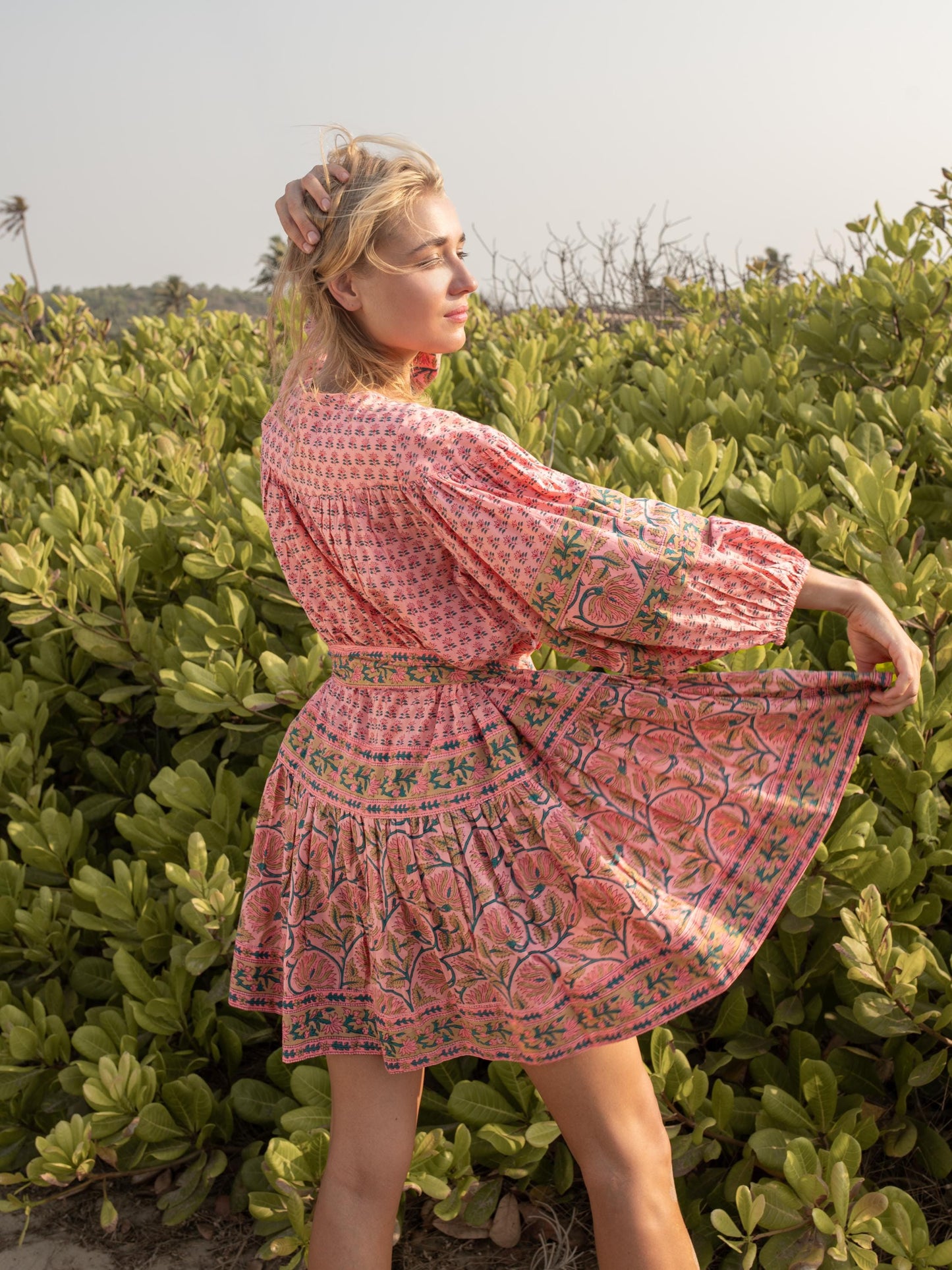 Pink Green Floral Hand Block Print Mini Midi Dress | Boho Cotton Dress | Summer Beach Dresses for Women | Button Belt Closer Custom Dress