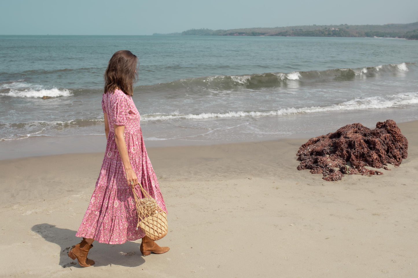 Pink Purple Block print dress, Women dress, Cotton dress Summer Dress, floral boho Beach dress, Vacation Bohemian Long Maxi Button Dress