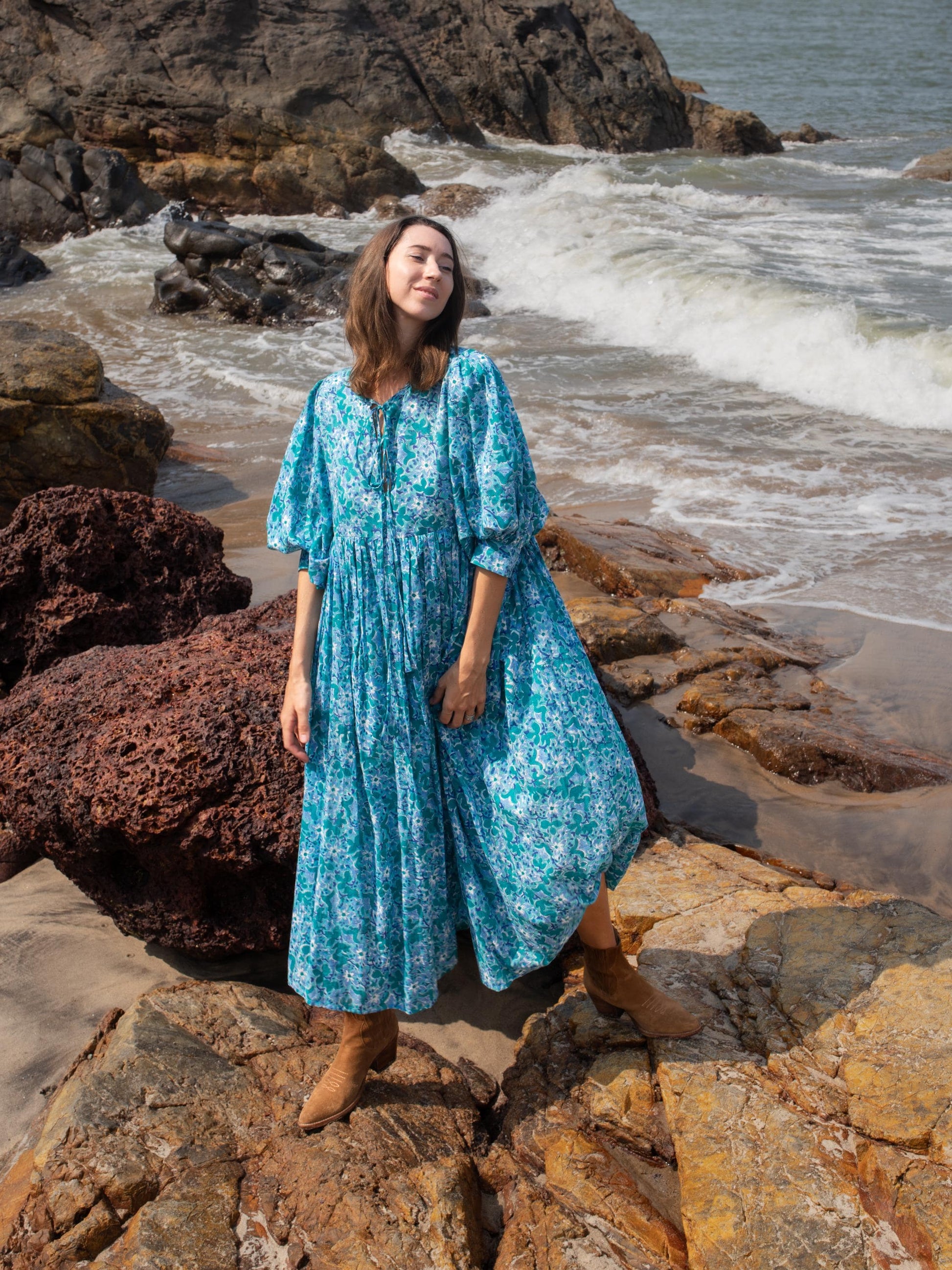 Blue Floral Hand Block Print Kyra Maxi Dress | Bohemian Cotton Dress | Summer Dresses for Women | String Closer Custom Dress Gift For Mum