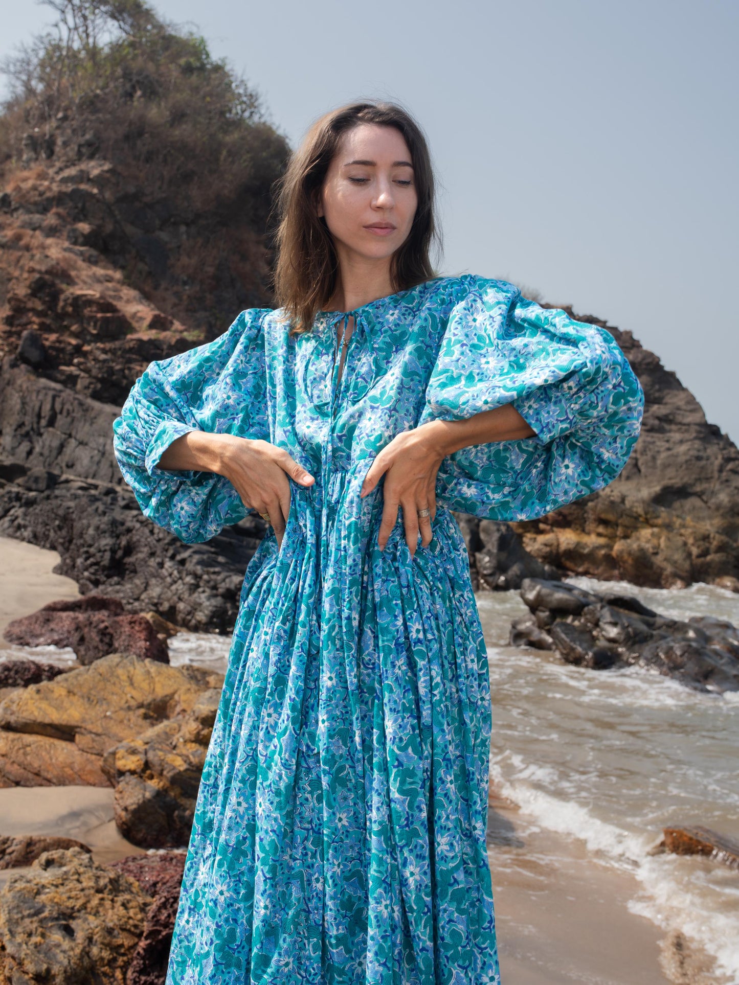 Blue Floral Hand Block Print Kyra Maxi Dress | Bohemian Cotton Dress | Summer Dresses for Women | String Closer Custom Dress Gift For Mum