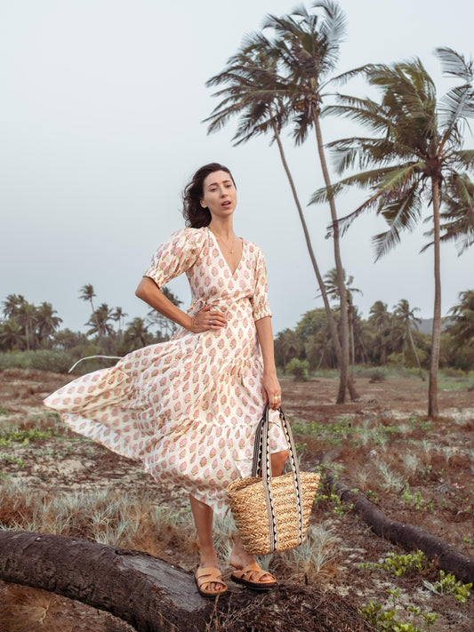 Cotton Long Maxi Warp Dress, Indian Block Print Dress, Tiered Cotton Custom Comfy Dress, Boho Puff Sleeve Dress, Honeymoon Wedding Dress