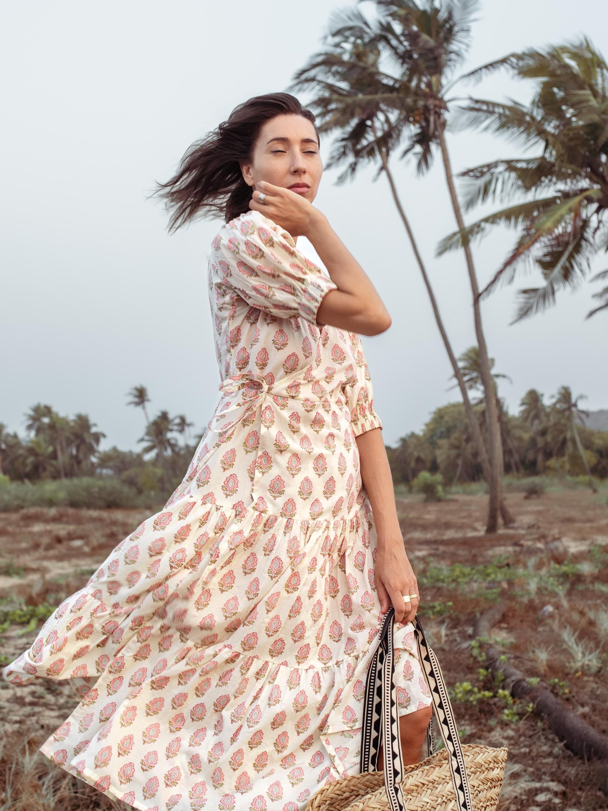 Cotton Long Maxi Warp Dress, Indian Block Print Dress, Tiered Cotton Custom Comfy Dress, Boho Puff Sleeve Dress, Honeymoon Wedding Dress