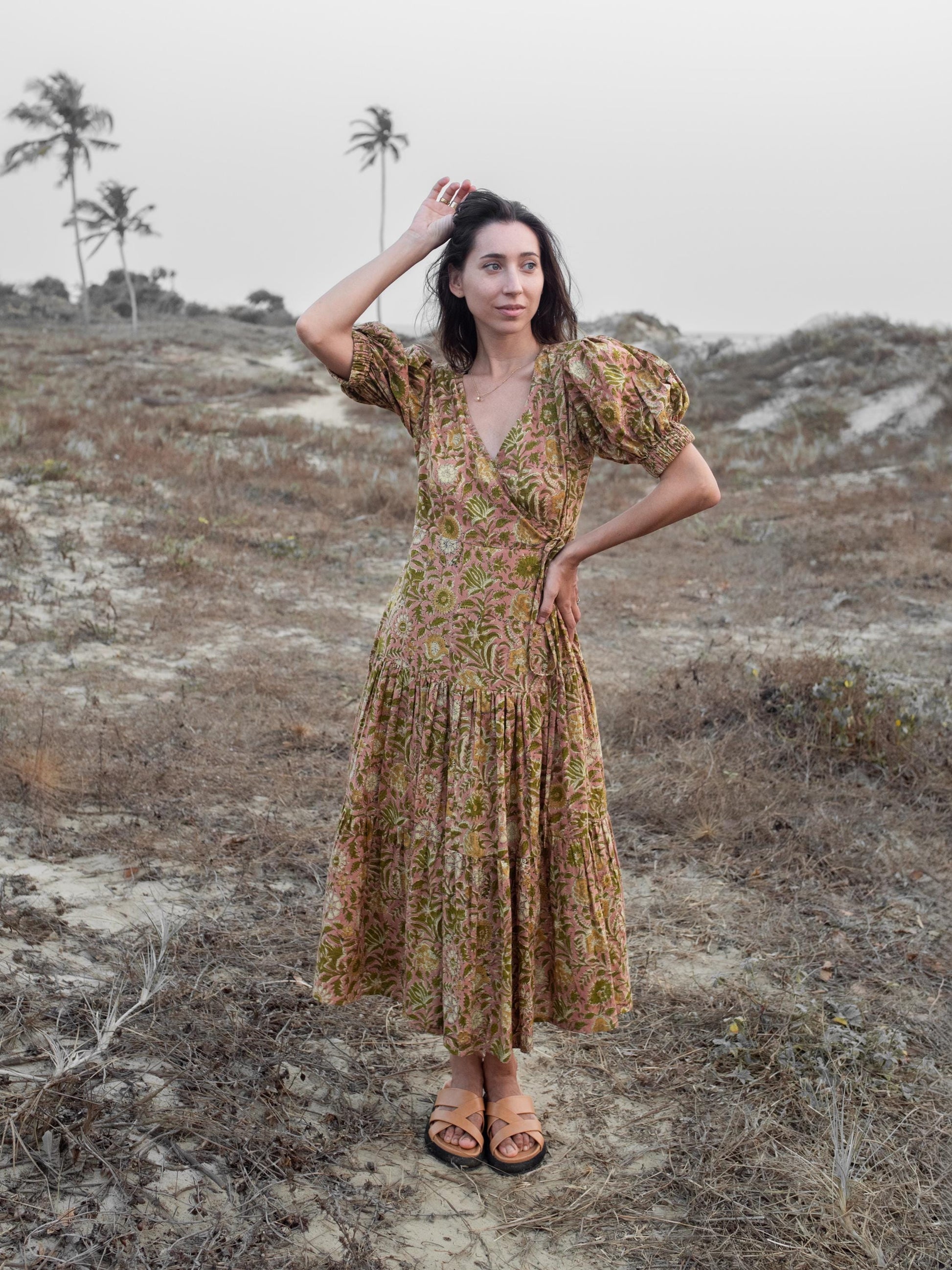 Block Print Maxi Warp Dress, Indian Cotton Long Dress, Tiered Midi Custom Comfy Dress, Boho Puff Sleeve Dress, Honeymoon Beach Wedding Dress