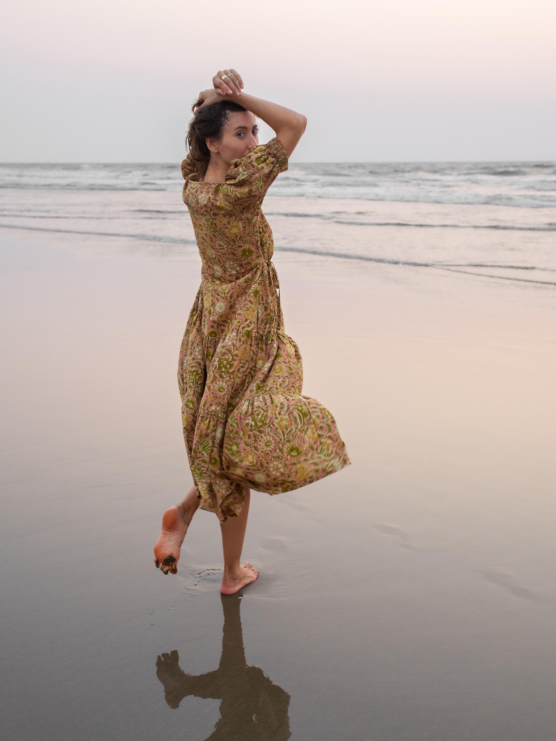 Block Print Maxi Warp Dress, Indian Cotton Long Dress, Tiered Midi Custom Comfy Dress, Boho Puff Sleeve Dress, Honeymoon Beach Wedding Dress