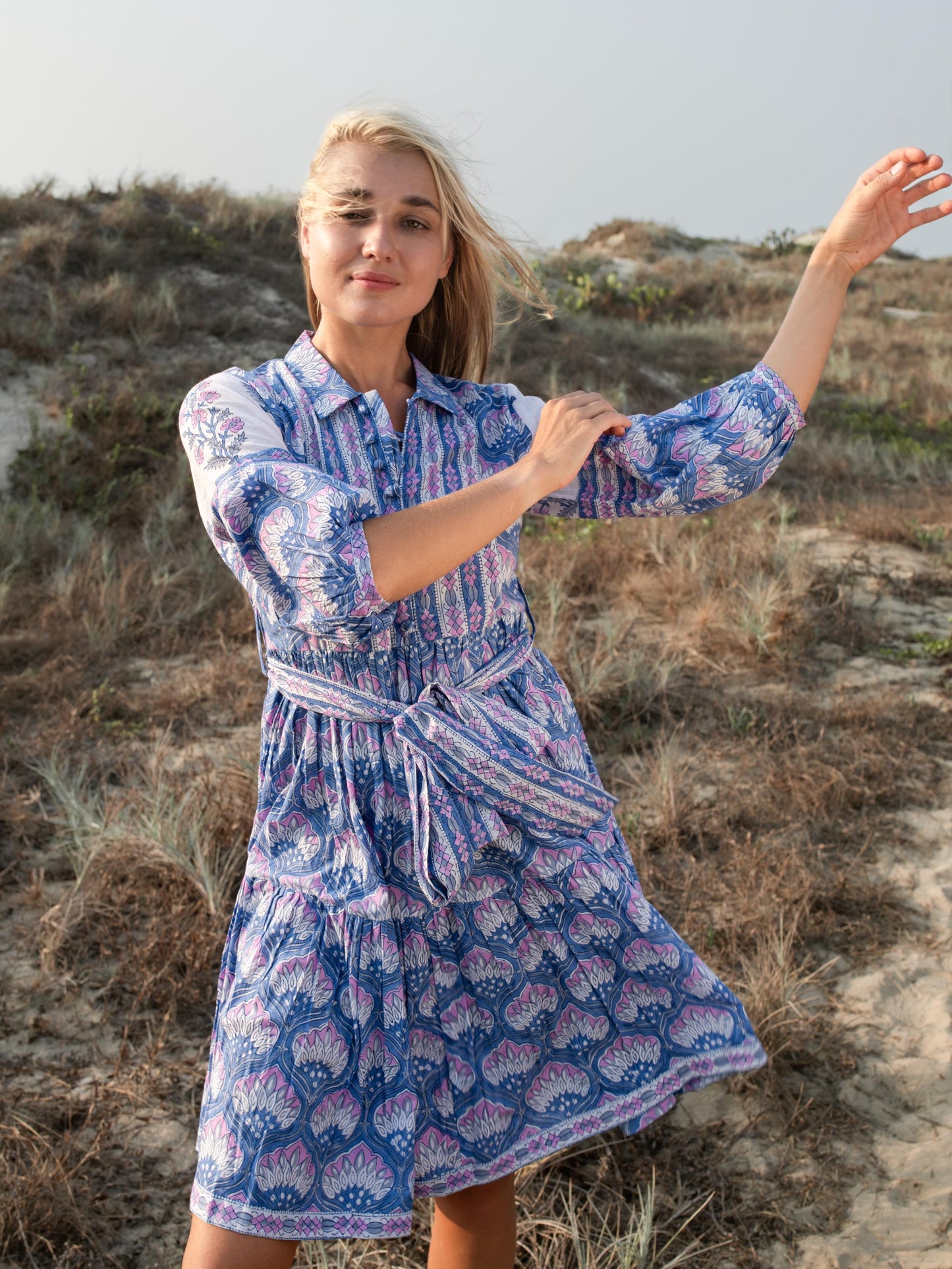 Purple Floral Hand Block Print Mini Dress | Boho Short Belt Cotton Dress | Summer Beach Dresses | Indian Print Custom Dress Gift For Wife