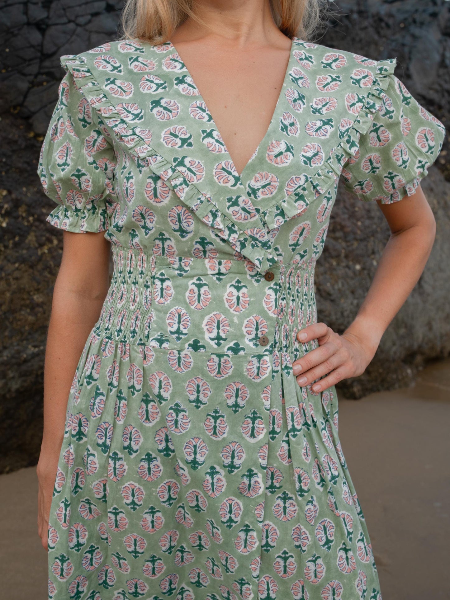 Cotton Long Maxi Warp Dress, Indian Block Print Dress, Bridesmaid Cotton Custom Comfy Dress, Boho Puff Sleeve Dress, Honeymoon Wedding Dress