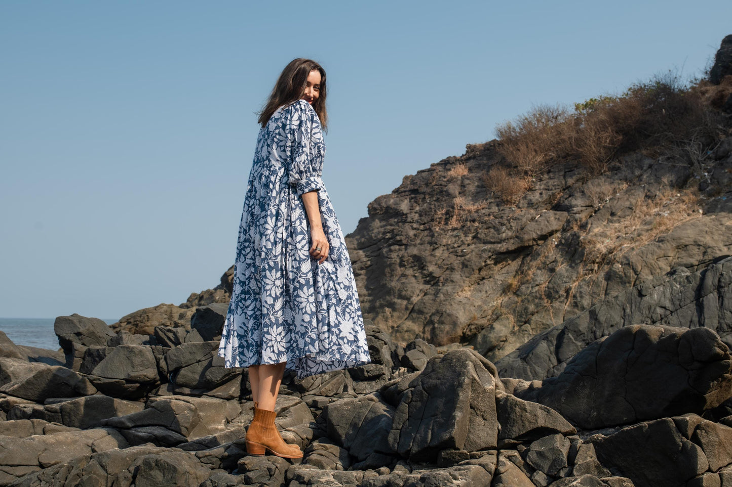Blue Floral Hand Block Print Maxi Dress | Bohemian Cotton Dress | Summer Dresses for Women | Maternity  Feeding Boho Puff Sleeve Dress Kurta