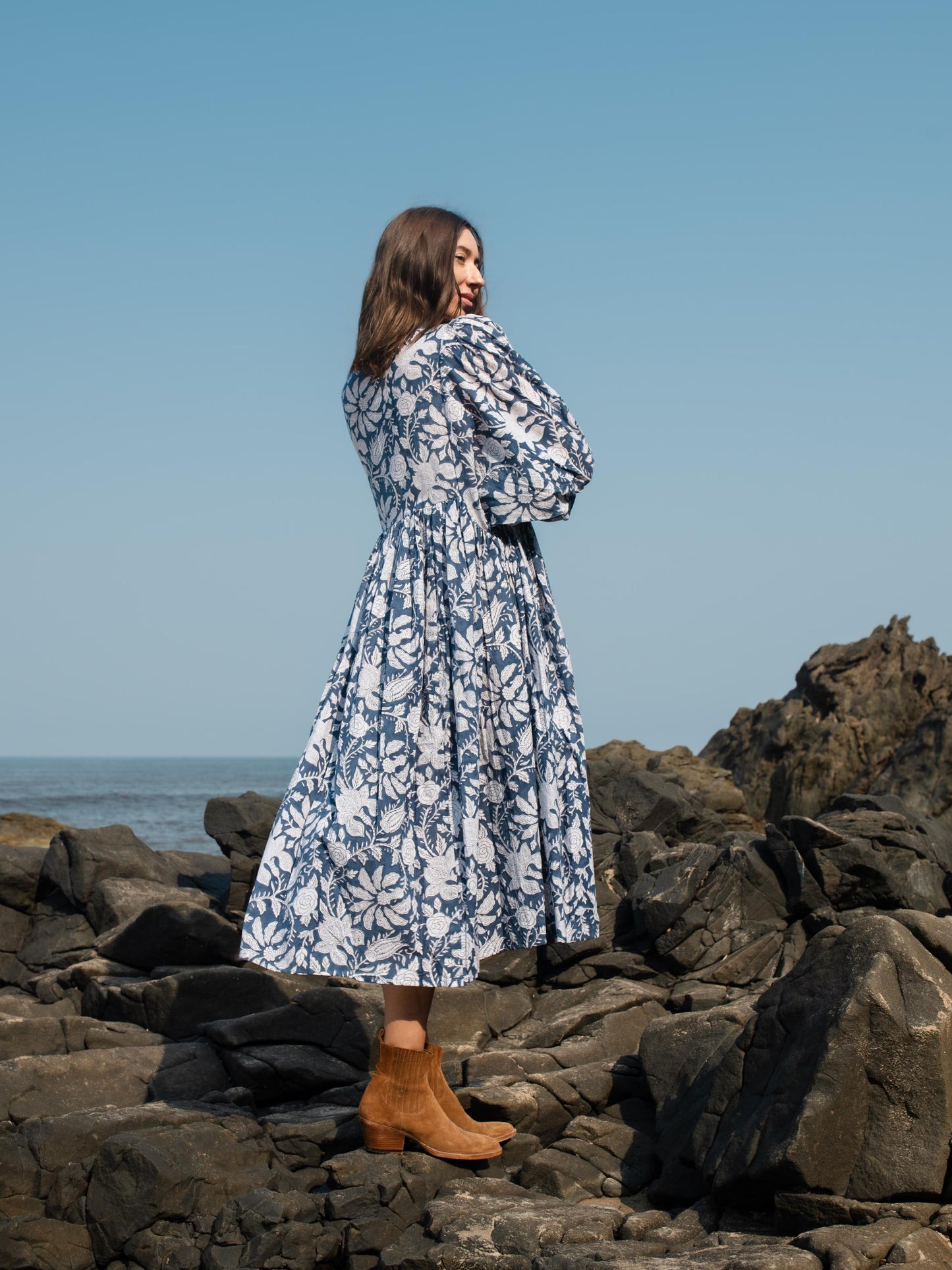 Blue Floral Hand Block Print Maxi Dress | Bohemian Cotton Dress | Summer Dresses for Women | Maternity  Feeding Boho Puff Sleeve Dress Kurta