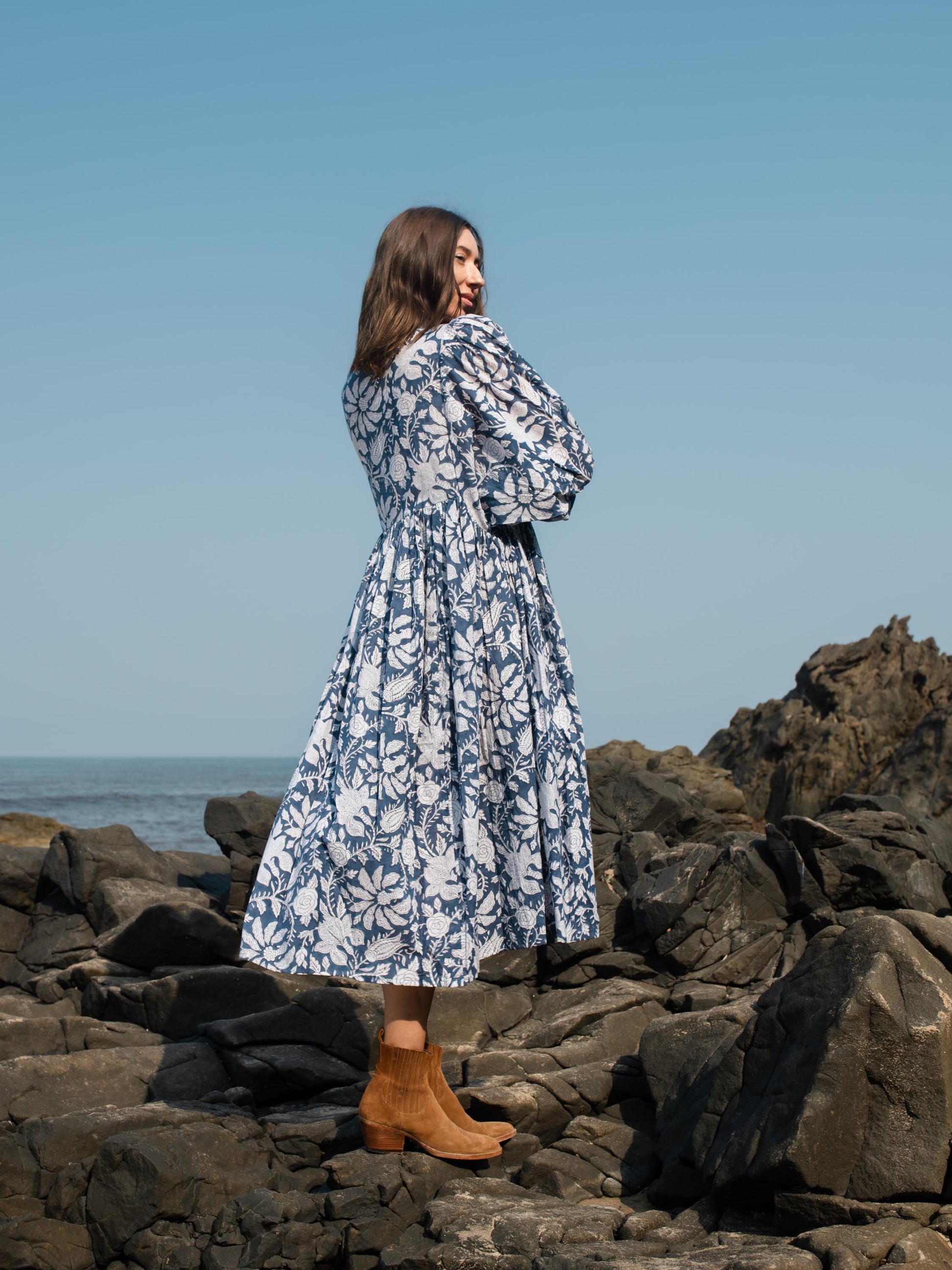 Blue Floral Hand Block Print Maxi Dress | Bohemian Cotton Dress | Summer Dresses for Women | Maternity  Feeding Boho Puff Sleeve Dress Kurta