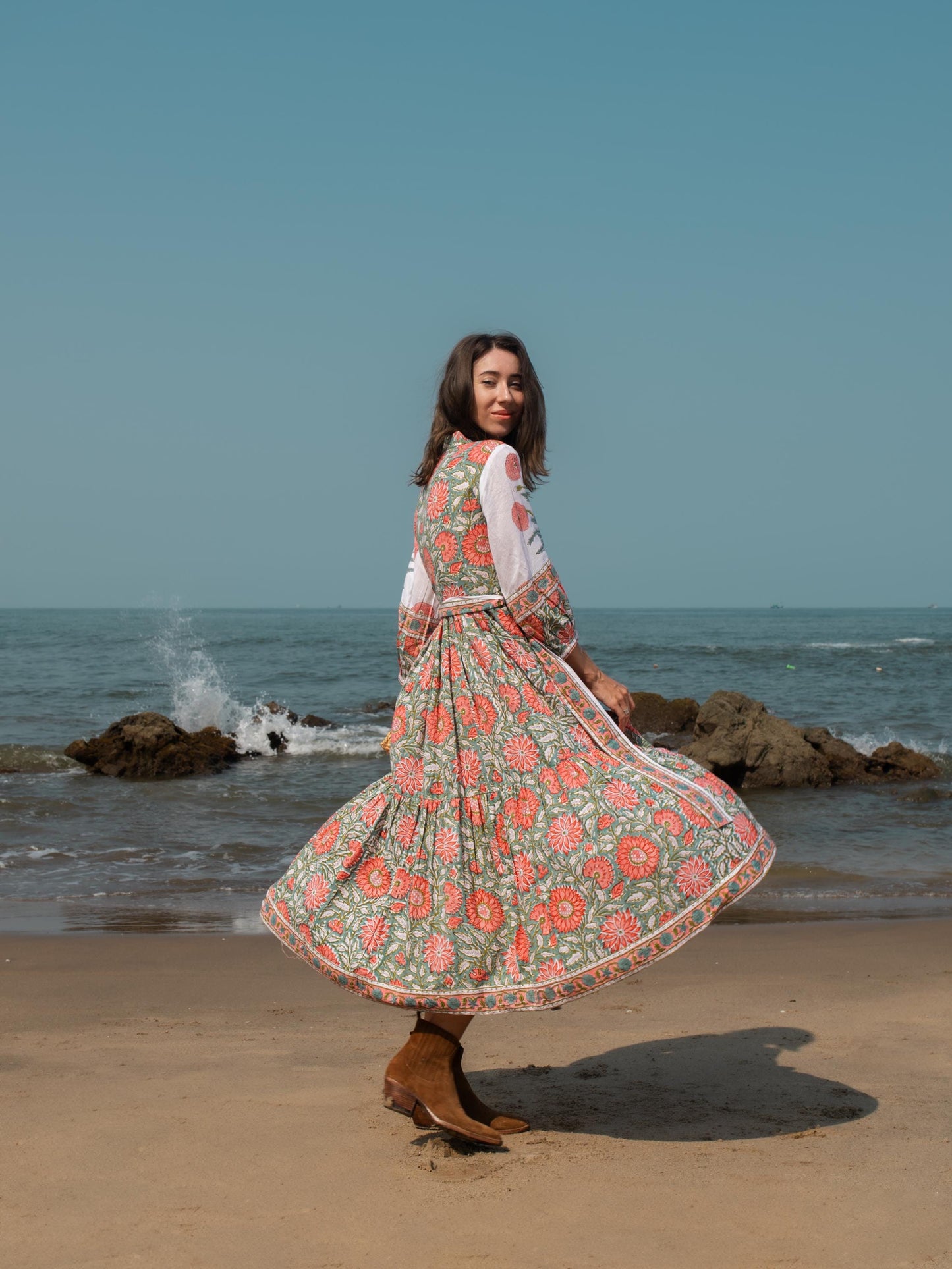 Floral Hand Block Print Maxi Dress | Boho Long Belt Cotton Dress | Summer Beach Midi Dresses | Bohemian Shirt Dress | Vacation Holiday Dress