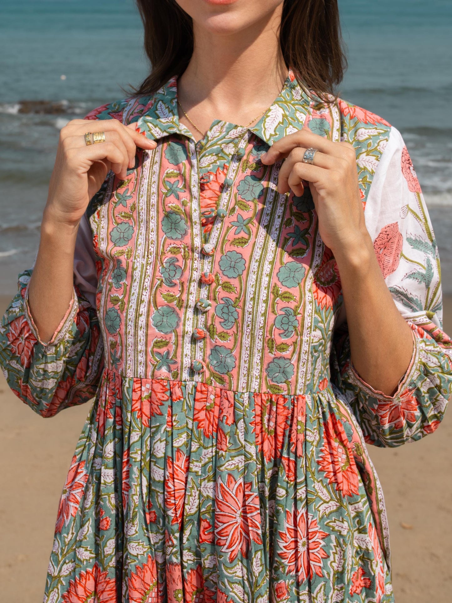 Floral Hand Block Print Maxi Dress | Boho Long Belt Cotton Dress | Summer Beach Midi Dresses | Bohemian Shirt Dress | Vacation Holiday Dress