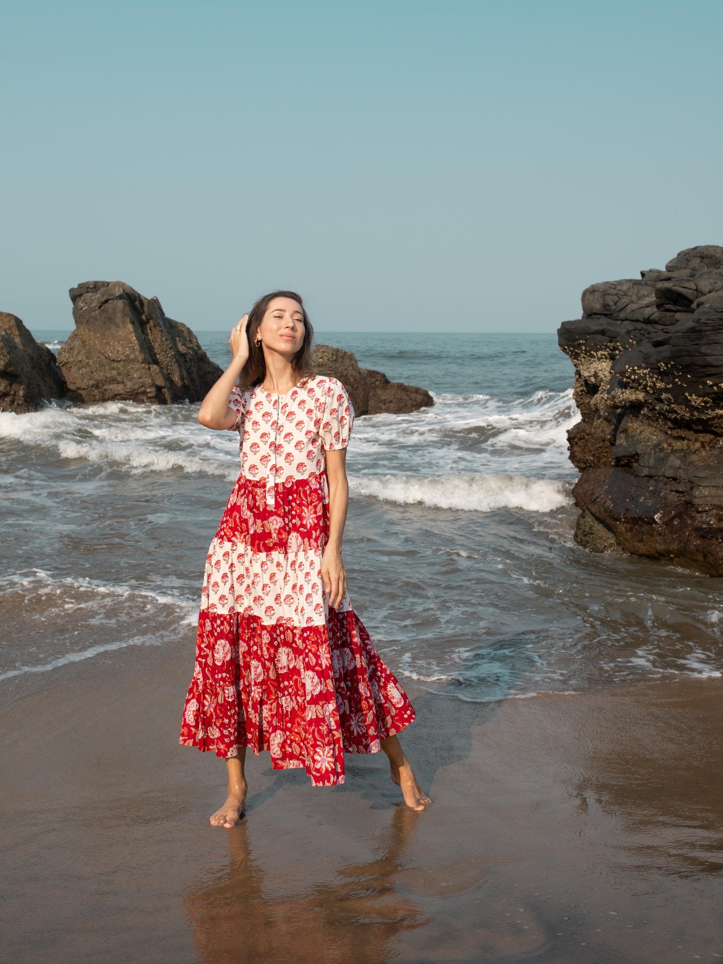 Red White Block Print dress, Casual Button Up dress, Floral Boho Beach Wedding Dress, Bohemian Long Maxi Pregnancy Maternity Button Up Dress