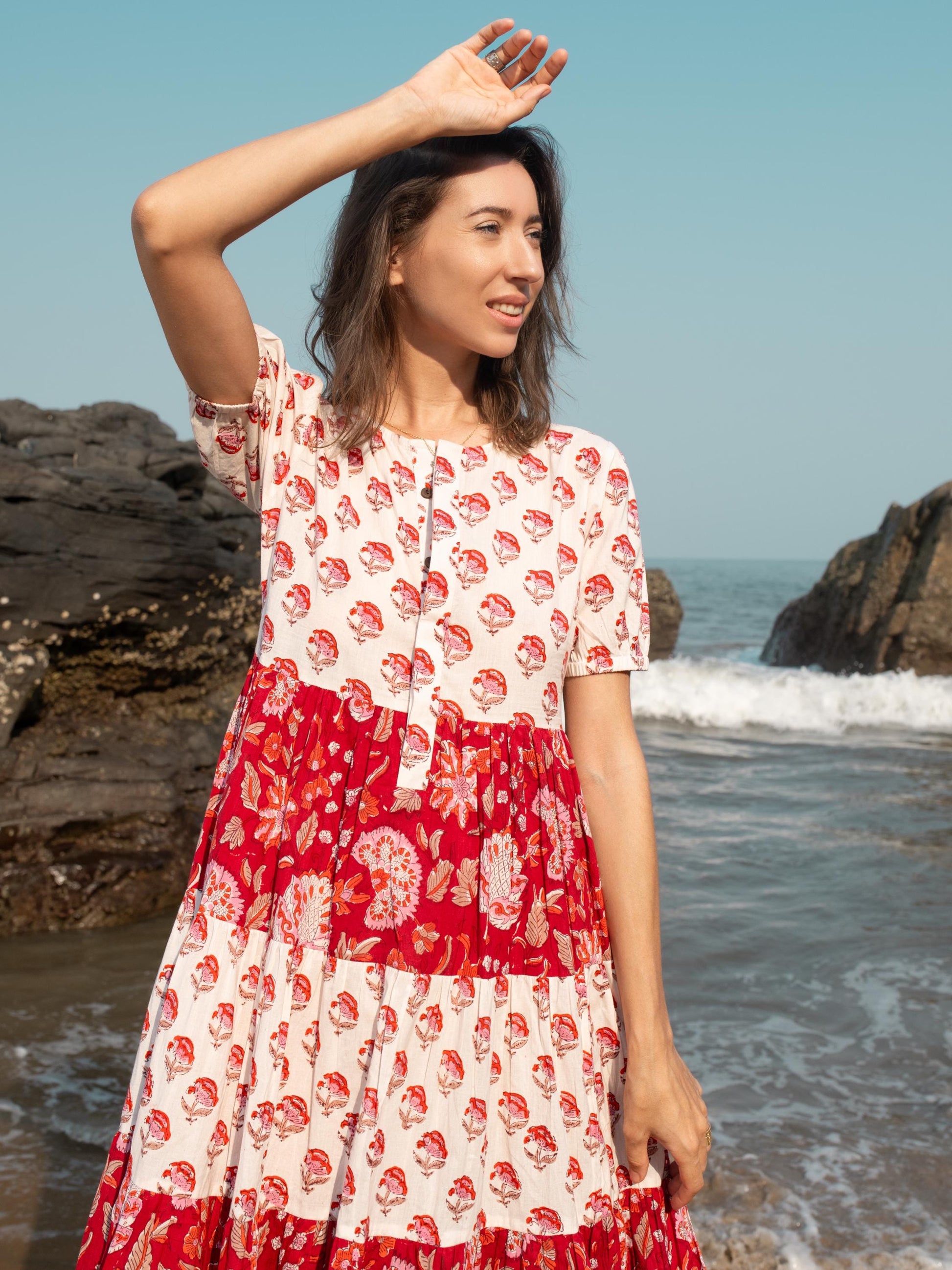 Red White Block Print dress, Casual Button Up dress, Floral Boho Beach Wedding Dress, Bohemian Long Maxi Pregnancy Maternity Button Up Dress