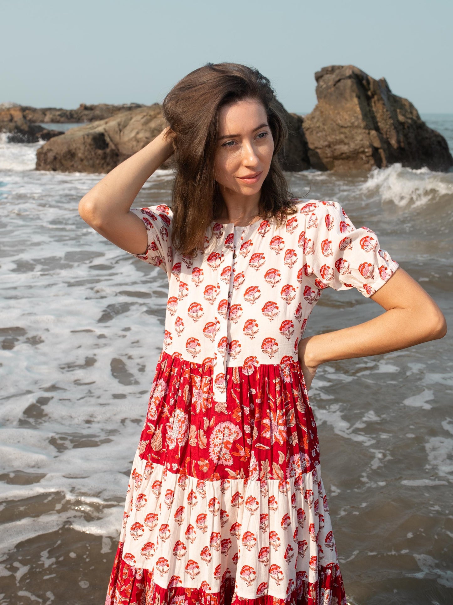 Red White Block Print dress, Casual Button Up dress, Floral Boho Beach Wedding Dress, Bohemian Long Maxi Pregnancy Maternity Button Up Dress