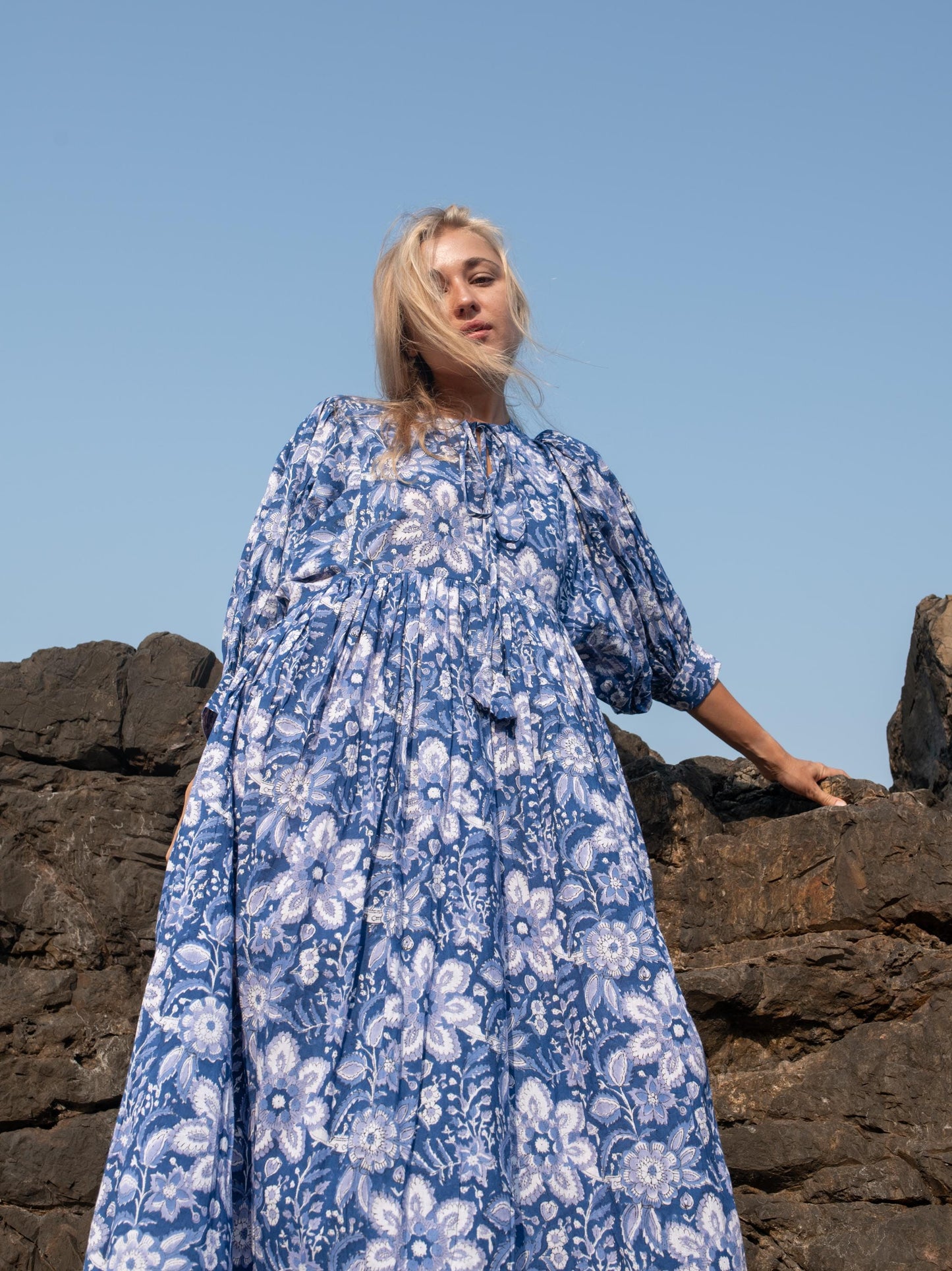 Blue Floral Hand Block Print Kyra Maxi Dress | Bohemian Cotton Dress | Summer Dresses for Women | Puff Sleeves Custom Comfy Dress Plus Size