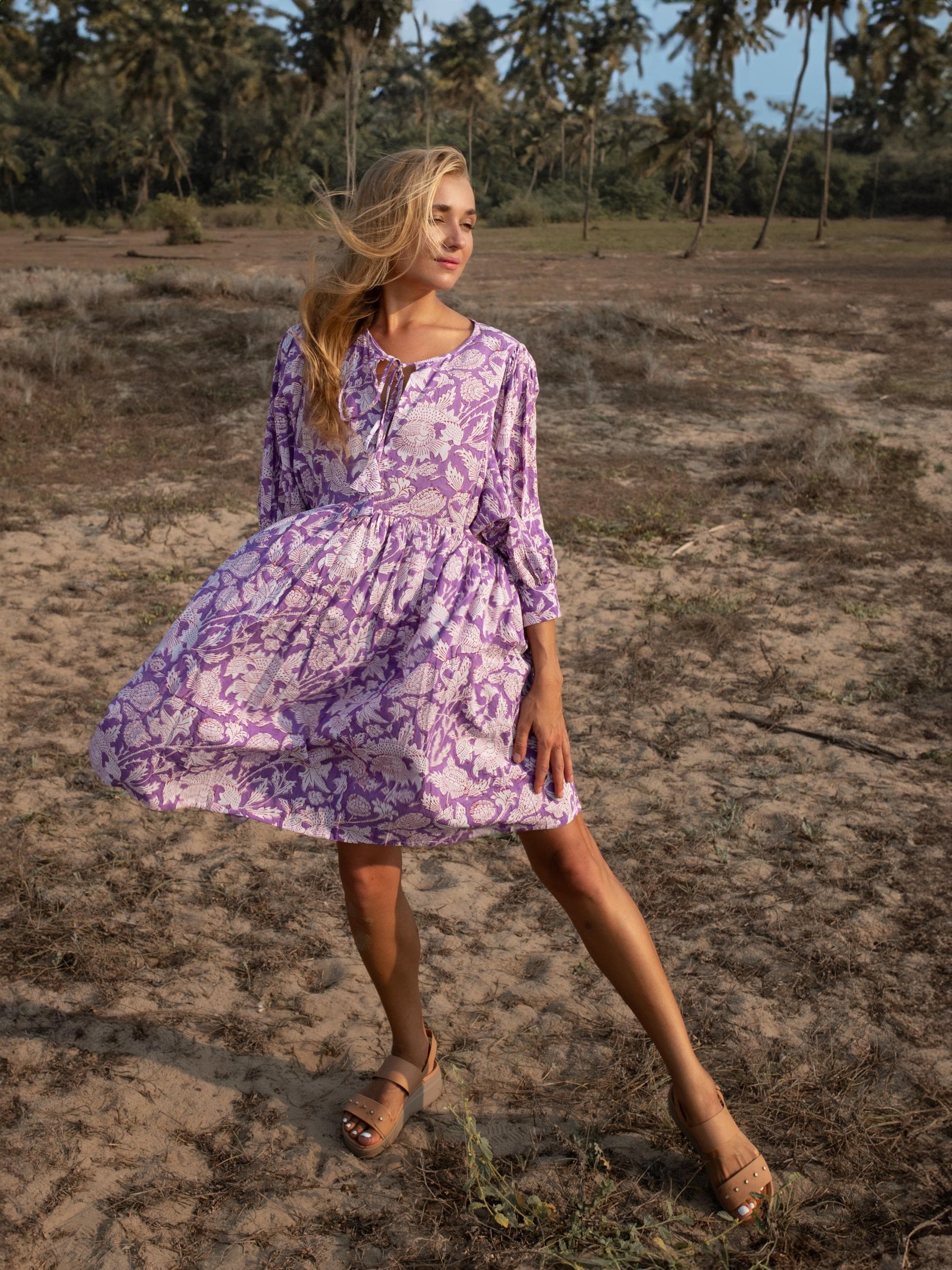 Purple Floral Hand Block Print Mini Dress | Boho Short Cotton Dress | Summer Beach Dresses | Indian Print Custom Resort Romance Dress