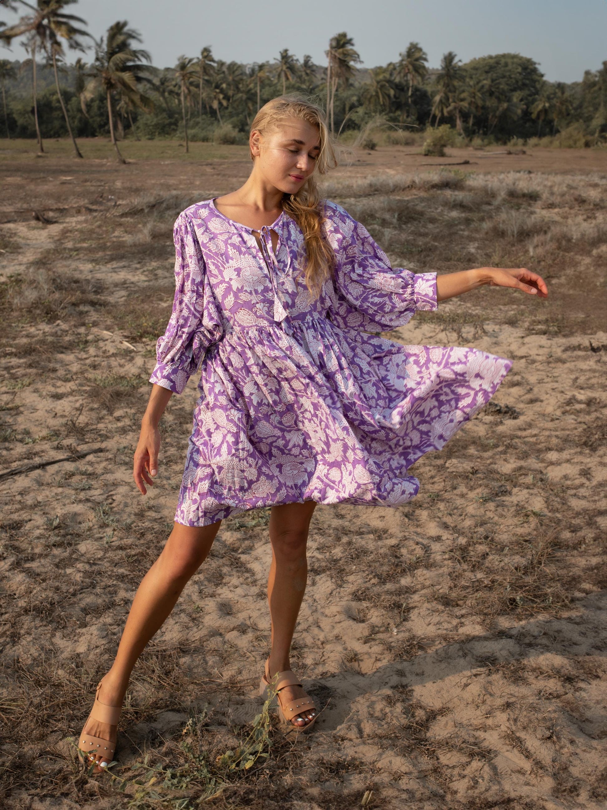 Purple Floral Hand Block Print Mini Dress | Boho Short Cotton Dress | Summer Beach Dresses | Indian Print Custom Resort Romance Dress
