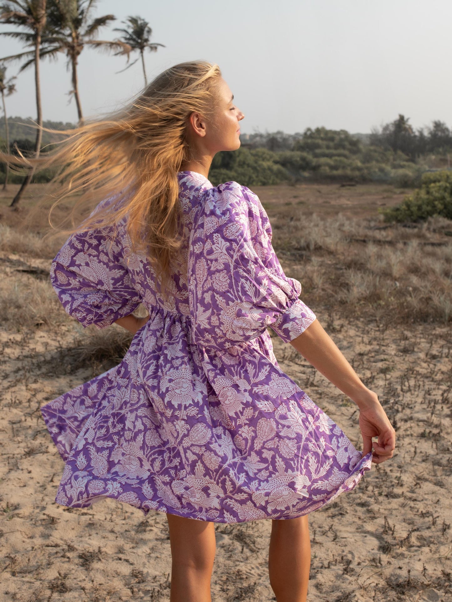 Purple Floral Hand Block Print Mini Dress | Boho Short Cotton Dress | Summer Beach Dresses | Indian Print Custom Resort Romance Dress