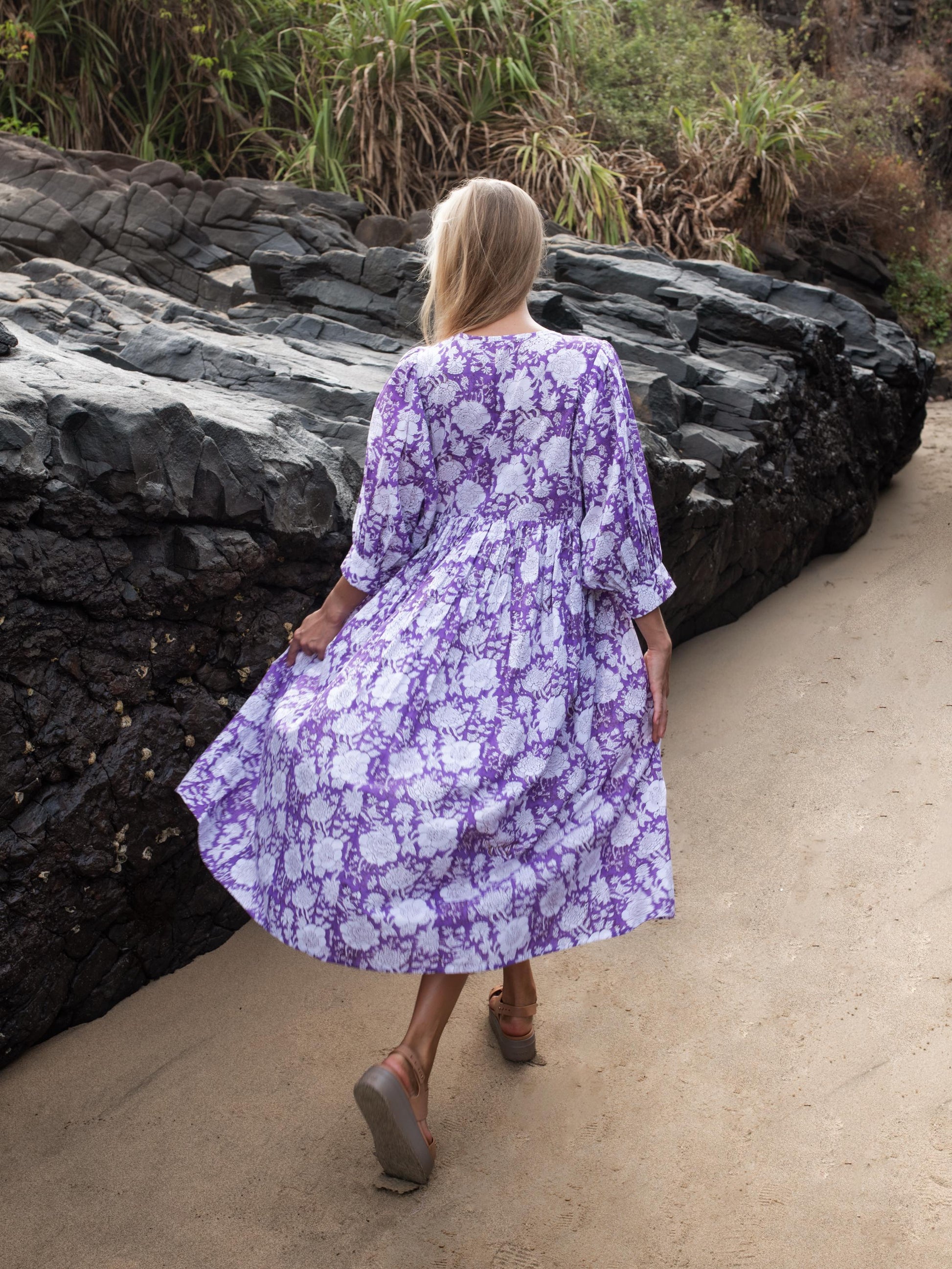 Purple Lilac Floral Hand Block Print Kyra Maxi Dress | Bohemian Cotton Dress | Summer Dresses for Women | String Closer Custom Boho Dress