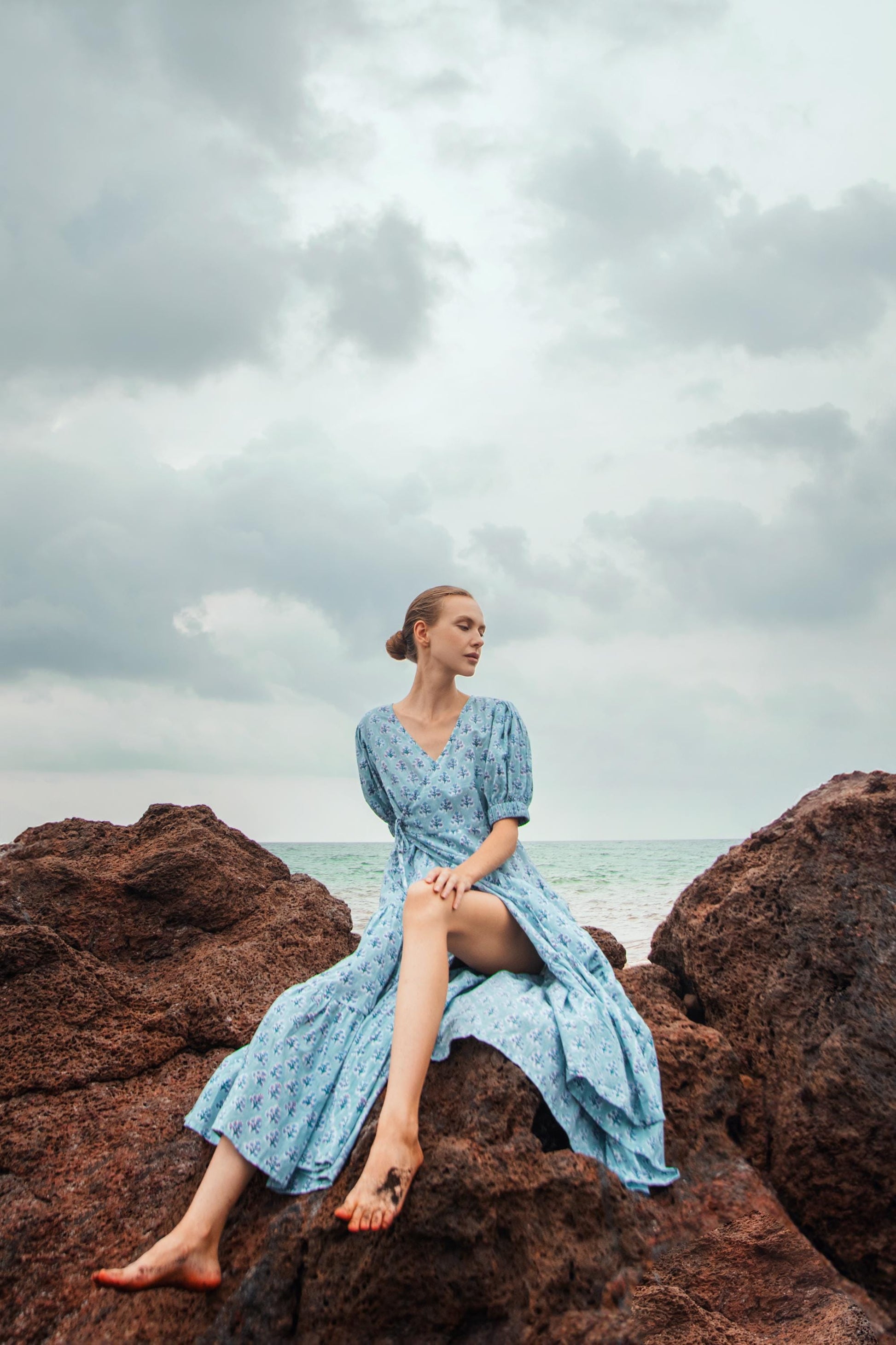 Cotton Long Maxi Warp Dress, Indian Blue Block Print Dress, Tiered Cotton Custom Robe Dress, Boho Puff Sleeve Dress, Honeymoon Wedding Dress