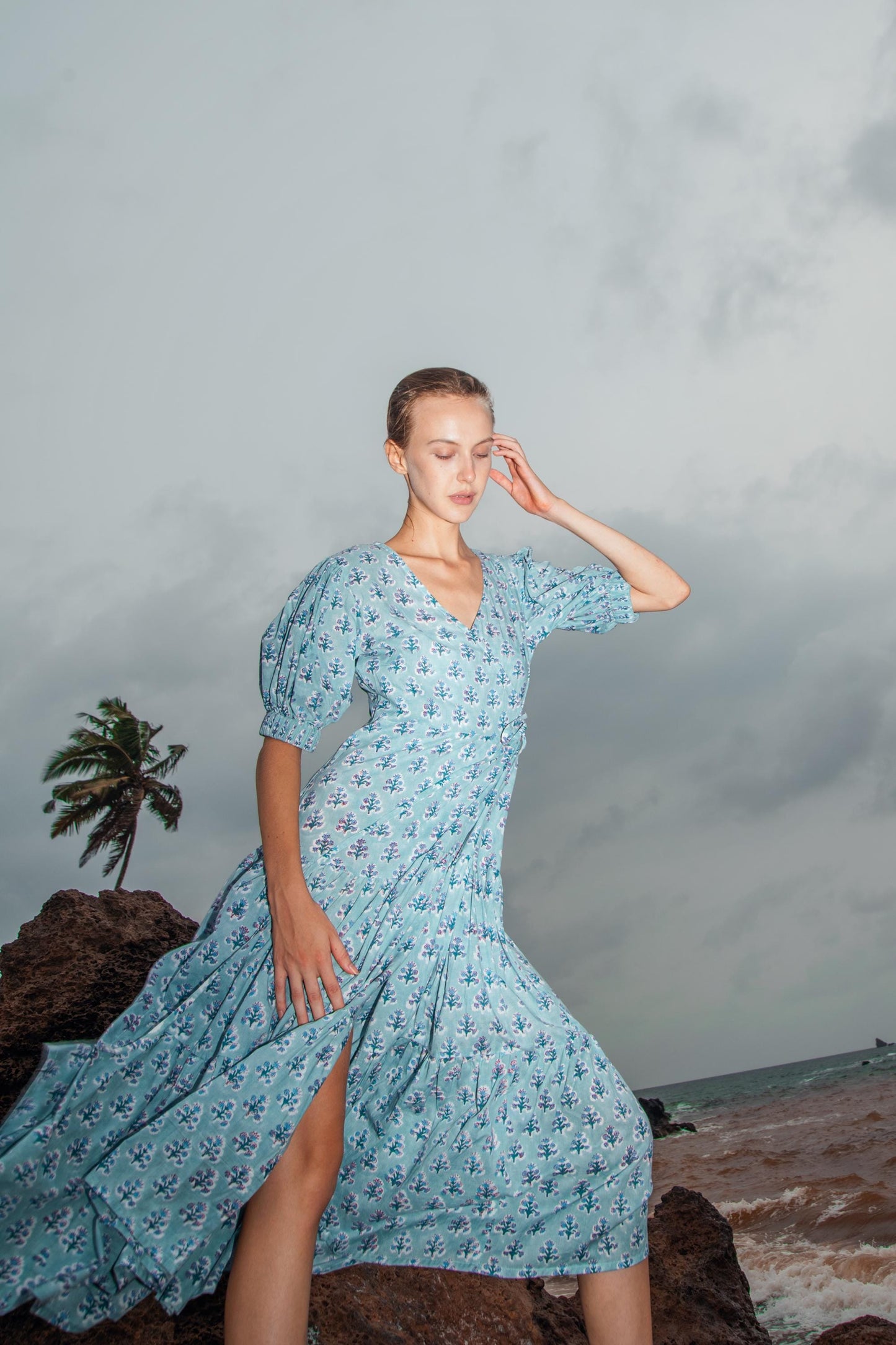 Cotton Long Maxi Warp Dress, Indian Blue Block Print Dress, Tiered Cotton Custom Robe Dress, Boho Puff Sleeve Dress, Honeymoon Wedding Dress