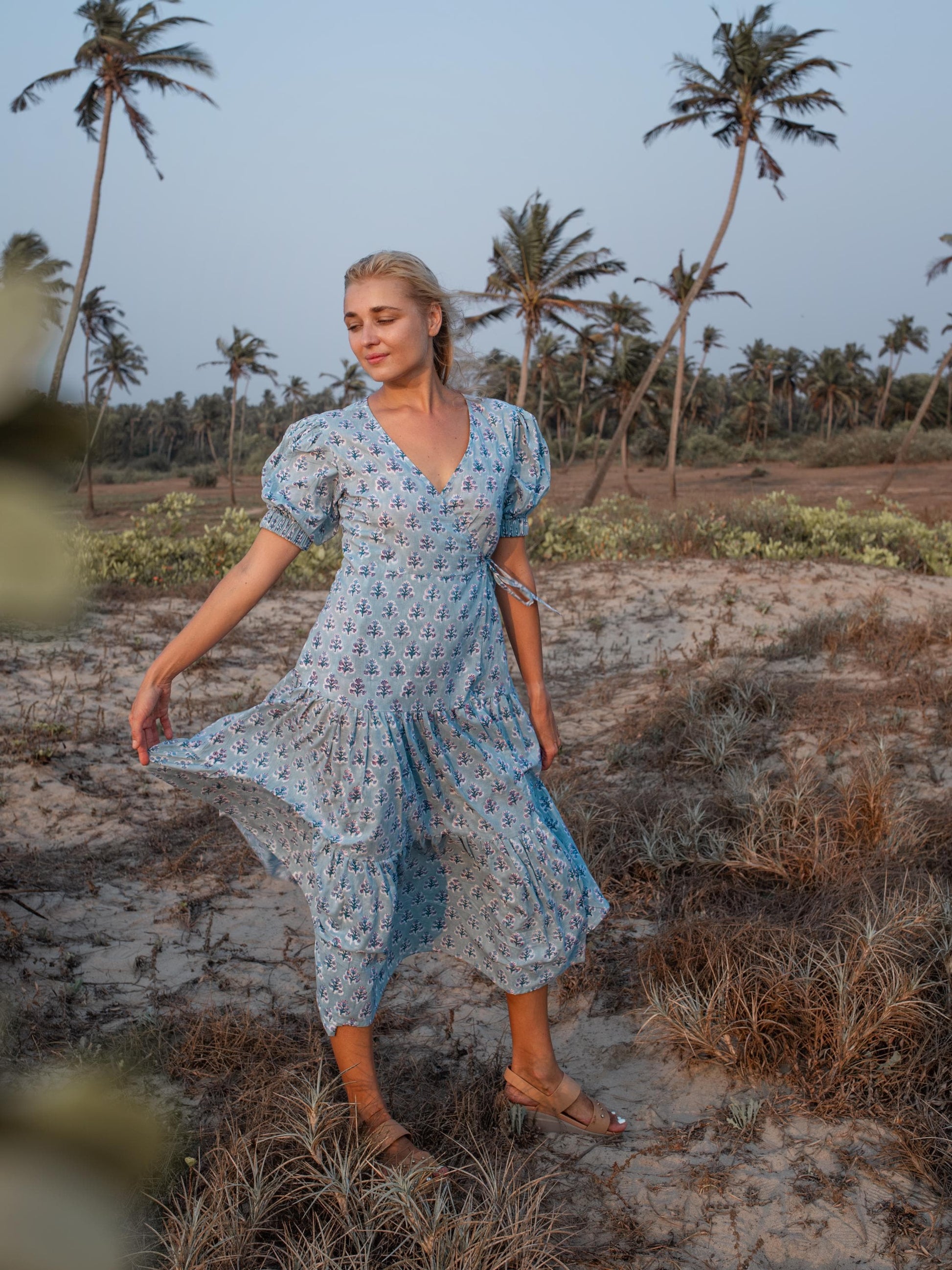 Cotton Long Maxi Warp Dress, Indian Blue Block Print Dress, Tiered Cotton Custom Robe Dress, Boho Puff Sleeve Dress, Honeymoon Wedding Dress