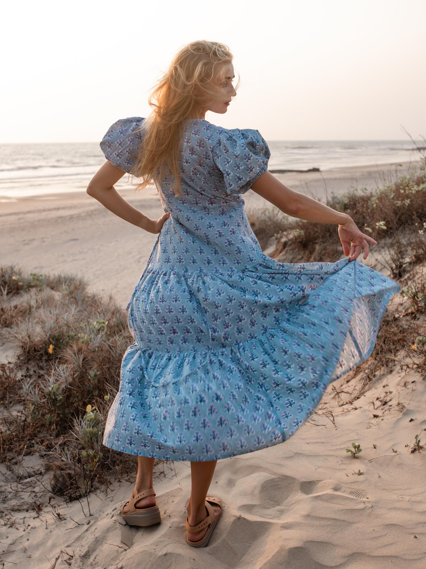 Cotton Long Maxi Warp Dress, Indian Blue Block Print Dress, Tiered Cotton Custom Robe Dress, Boho Puff Sleeve Dress, Honeymoon Wedding Dress