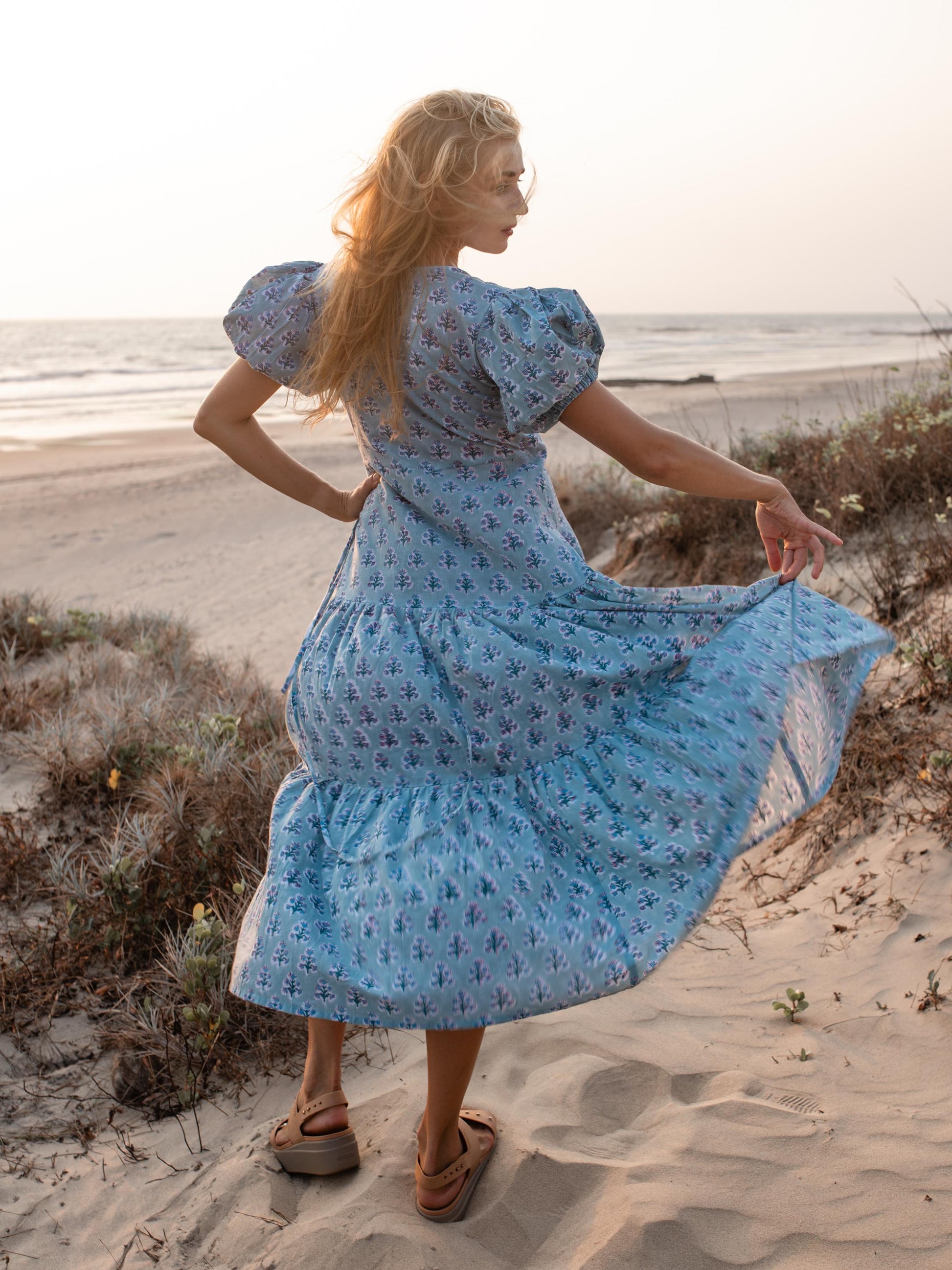 Cotton Long Maxi Warp Dress, Indian Blue Block Print Dress, Tiered Cotton Custom Robe Dress, Boho Puff Sleeve Dress, Honeymoon Wedding Dress