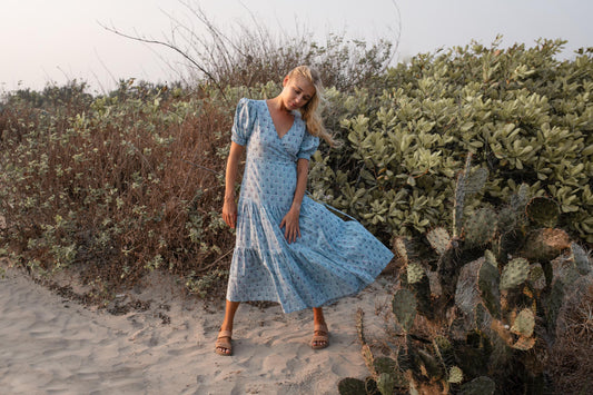 Cotton Long Maxi Warp Dress, Indian Blue Block Print Dress, Tiered Cotton Custom Robe Dress, Boho Puff Sleeve Dress, Honeymoon Wedding Dress