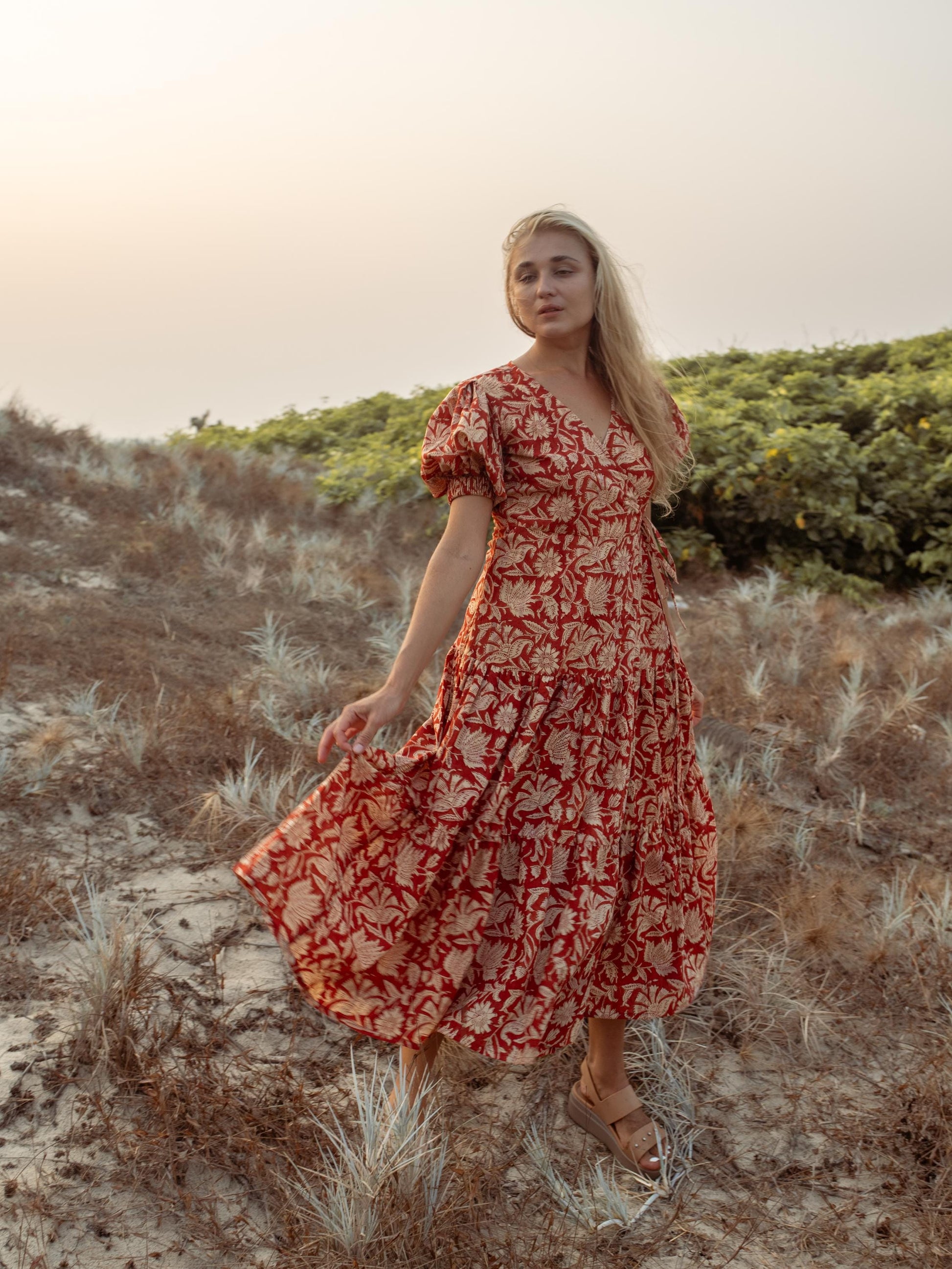 Earthy Red Hand Block Print Warp Dress, Long Maxi Dress, Summer Tiered Cotton Custom Dress, Boho Gypsy Midi Dress, Honeymoon Wedding Dress